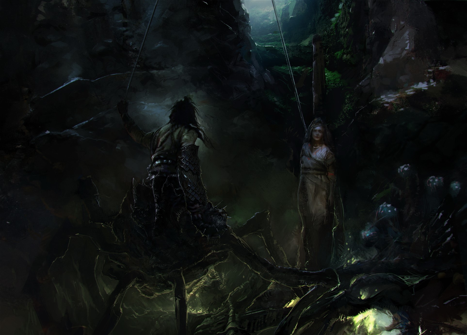 A creature with a rider and a captive woman in a dark forest HD Wallpaper