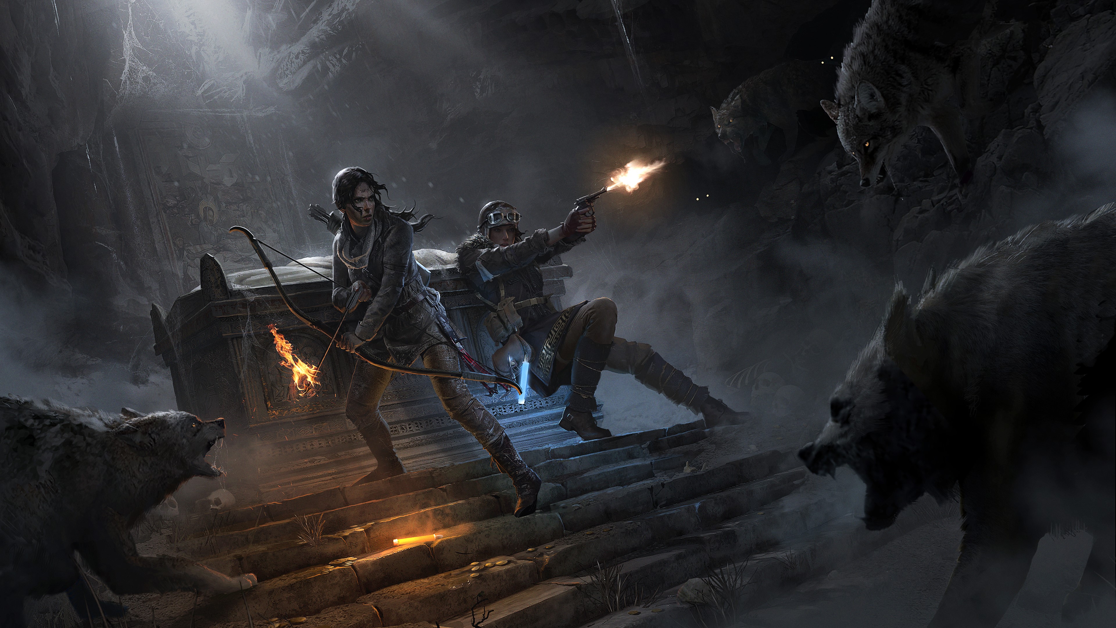 Lara Croft and companion fighting wolves in Rise of the Tomb Raider HD Wallpaper