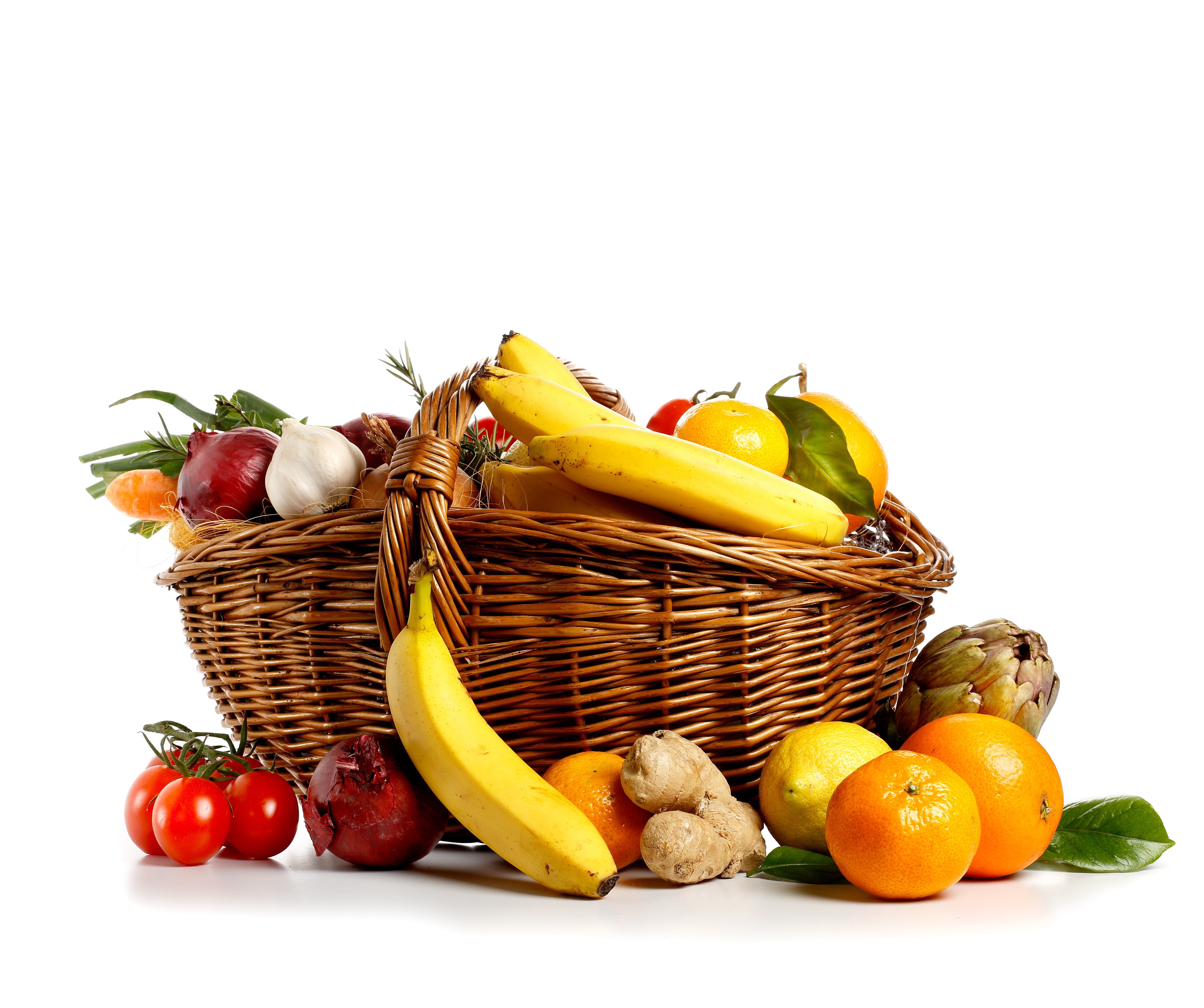 Fruit and vegetables in a wicker basket HD Wallpaper