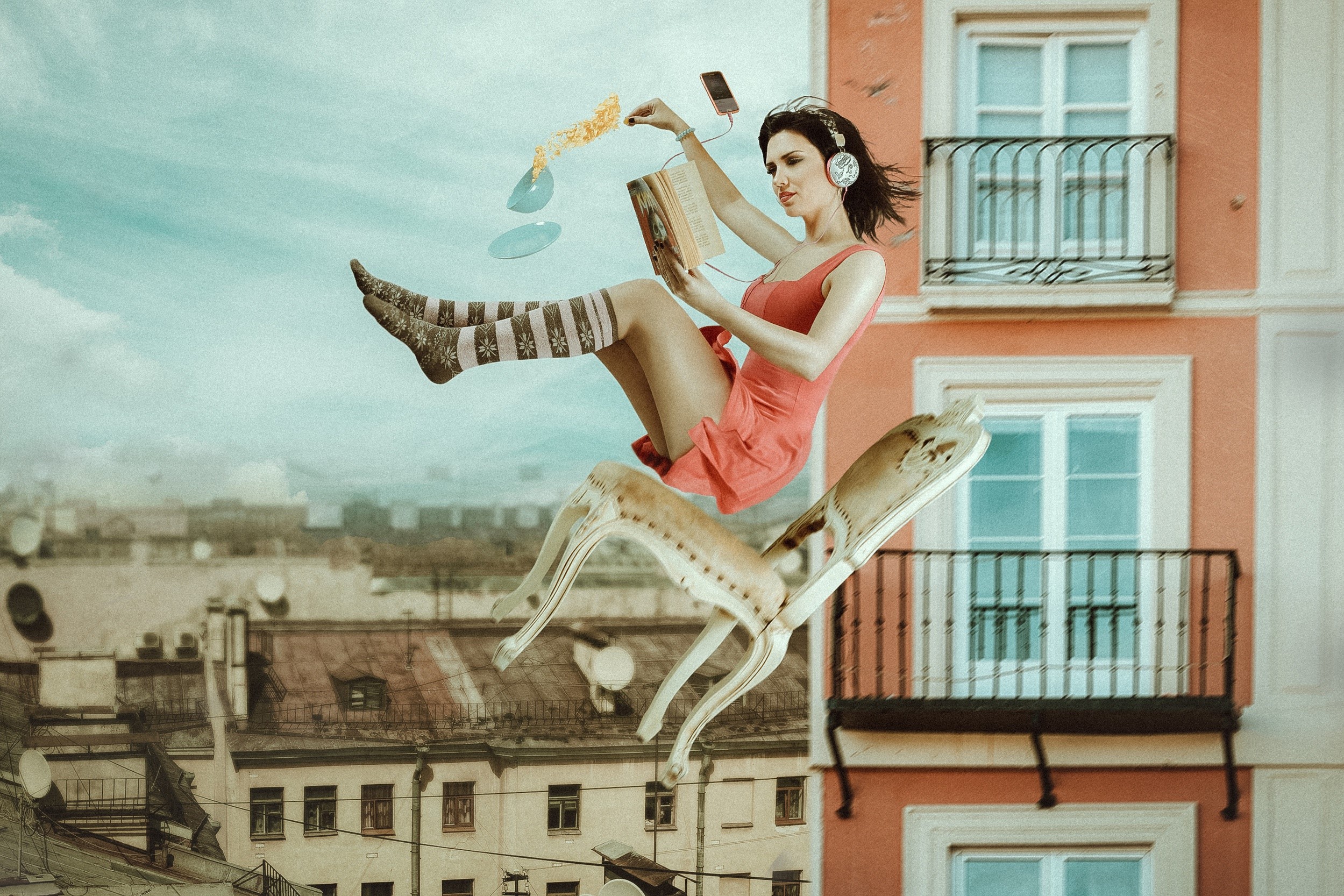 Woman reading a book while floating on a chair HD Wallpaper