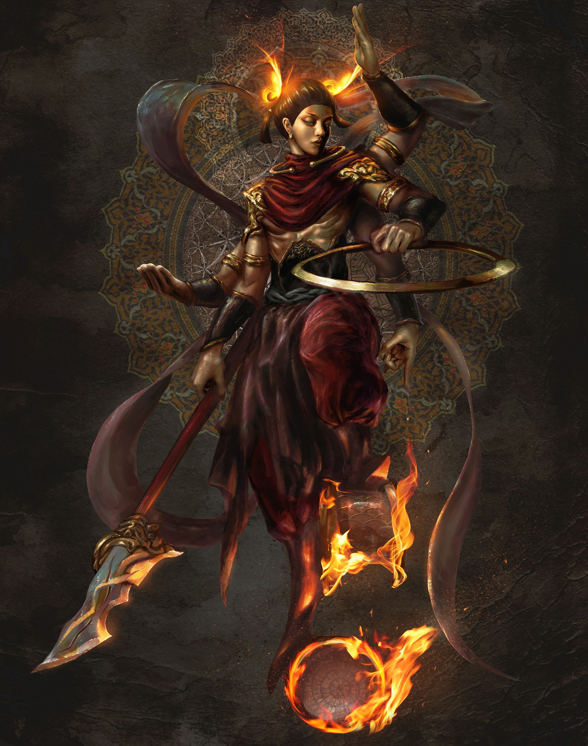 Multi-armed warrior with spear and fire HD Phone Wallpaper