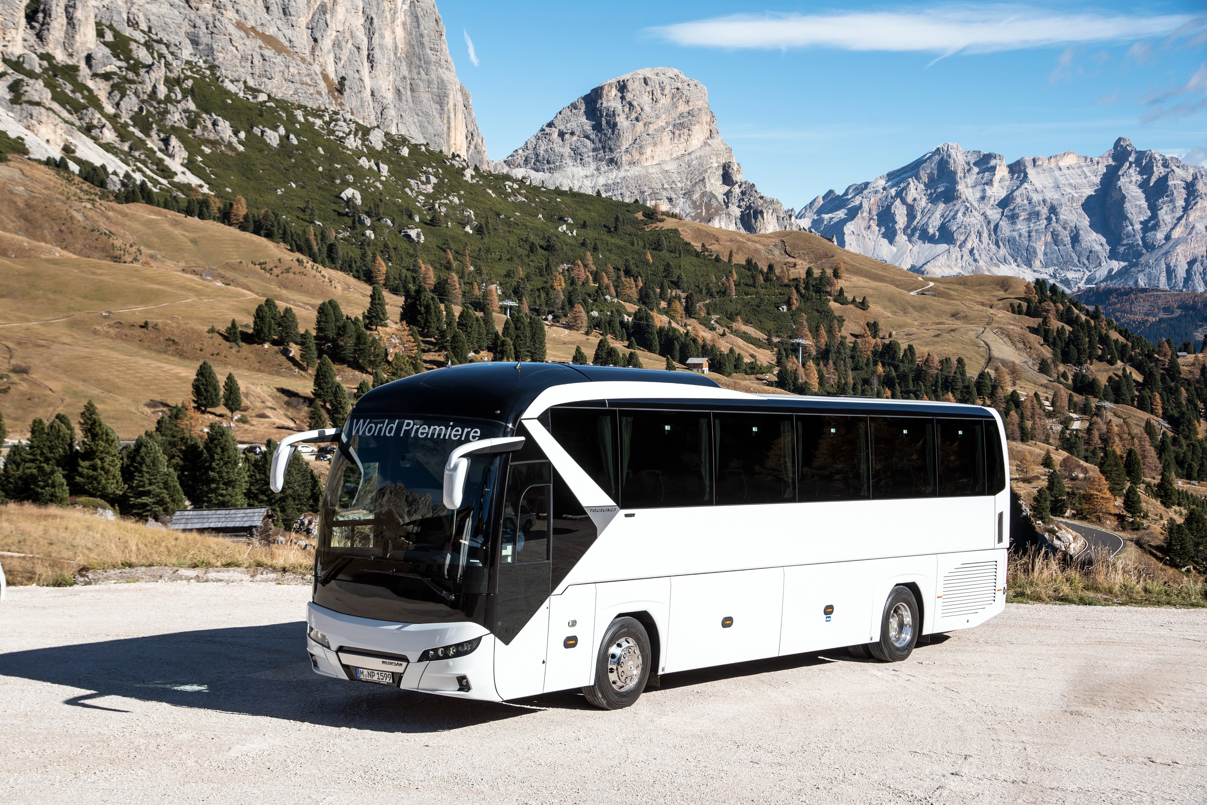 White 2016-17 Neoplan Tourliner Bus in Mountains HD Wallpaper