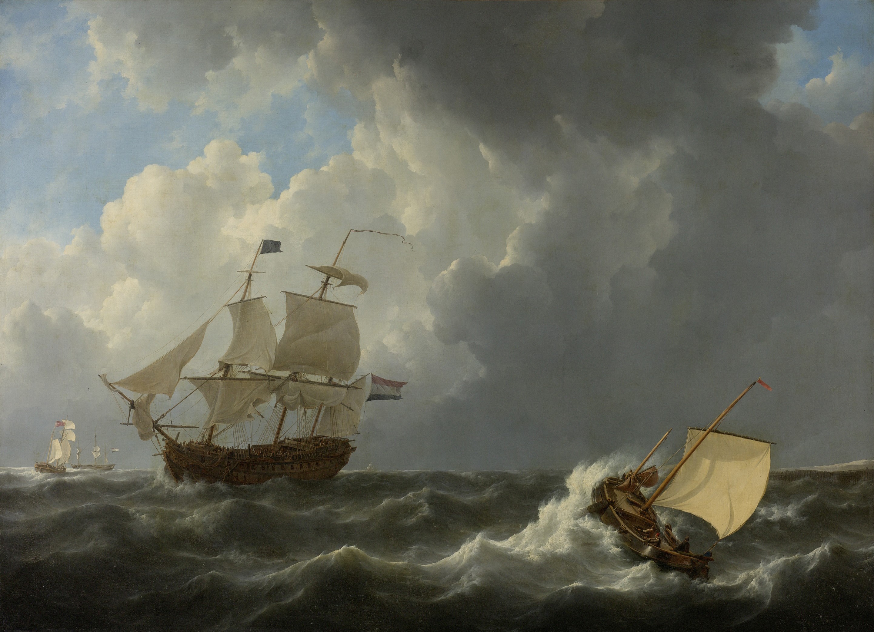 Ships on a Stormy Sea by Johannes Christian Shotel HD Wallpaper