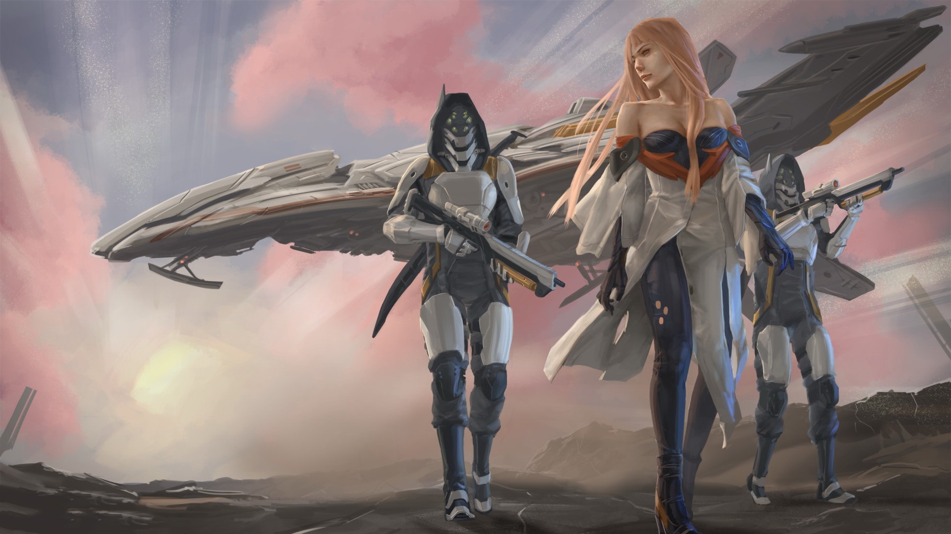 Three warriors with a spaceship in a desolate landscape HD Wallpaper