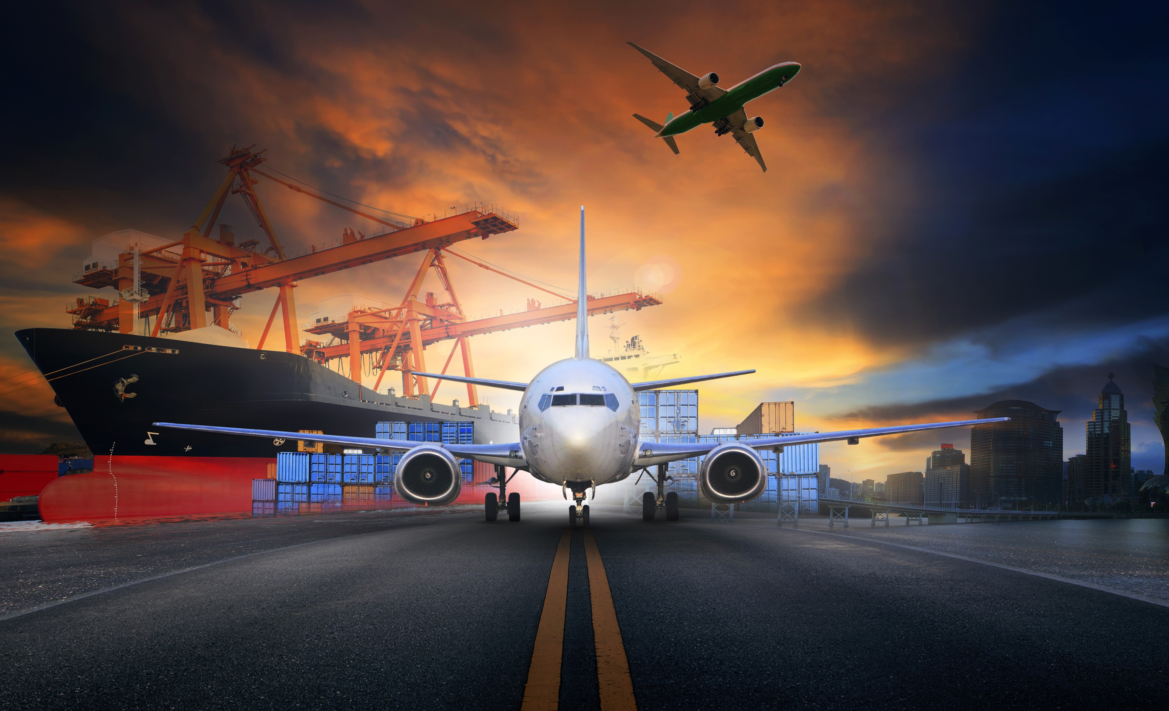 Cargo ship and airplanes at a port with city skyline HD Wallpaper