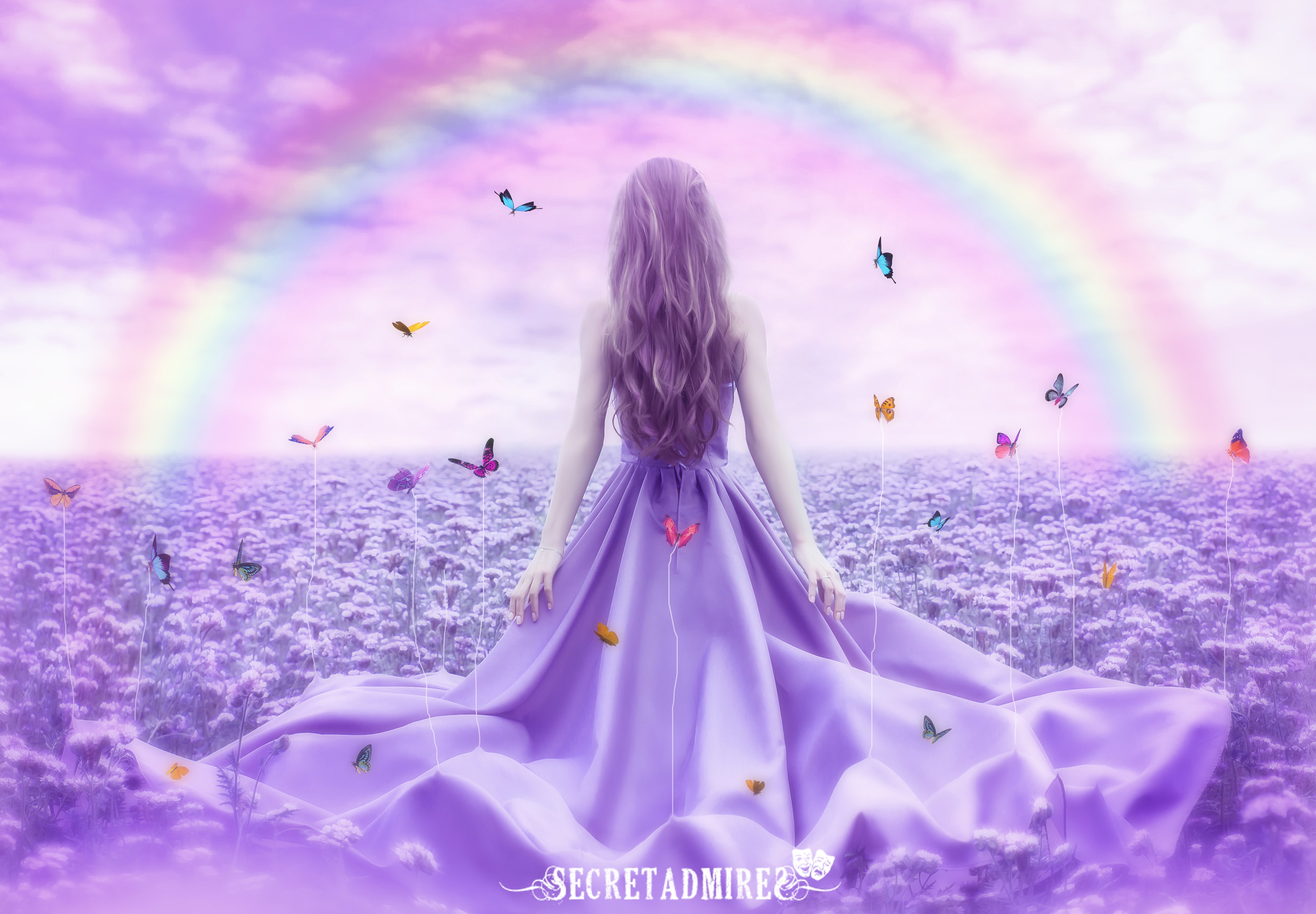 Woman in purple dress with butterflies and rainbow HD Wallpaper