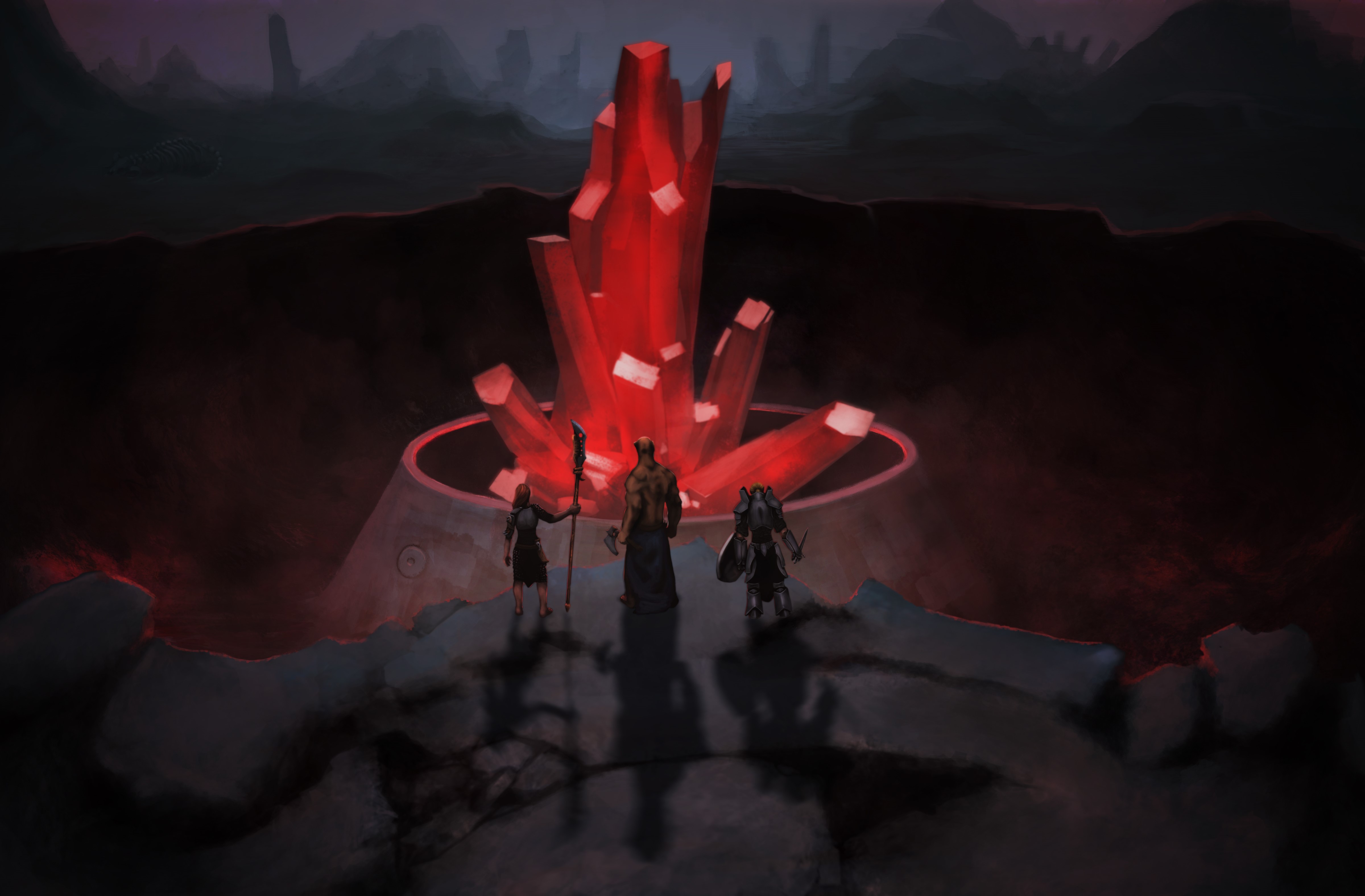 Three warriors stand before a giant red crystal HD Wallpaper