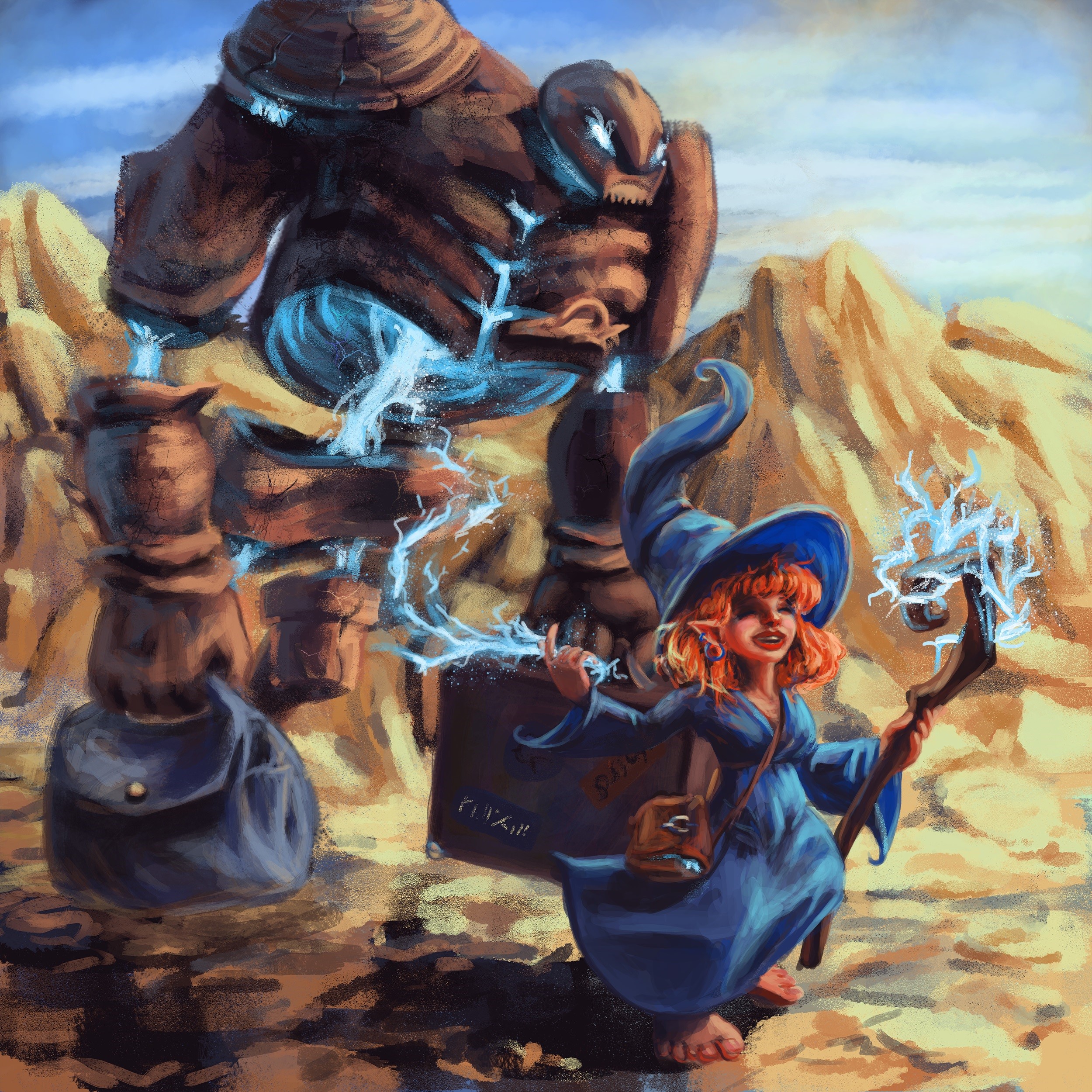 Elf mage with golem in a desert landscape HD Wallpaper