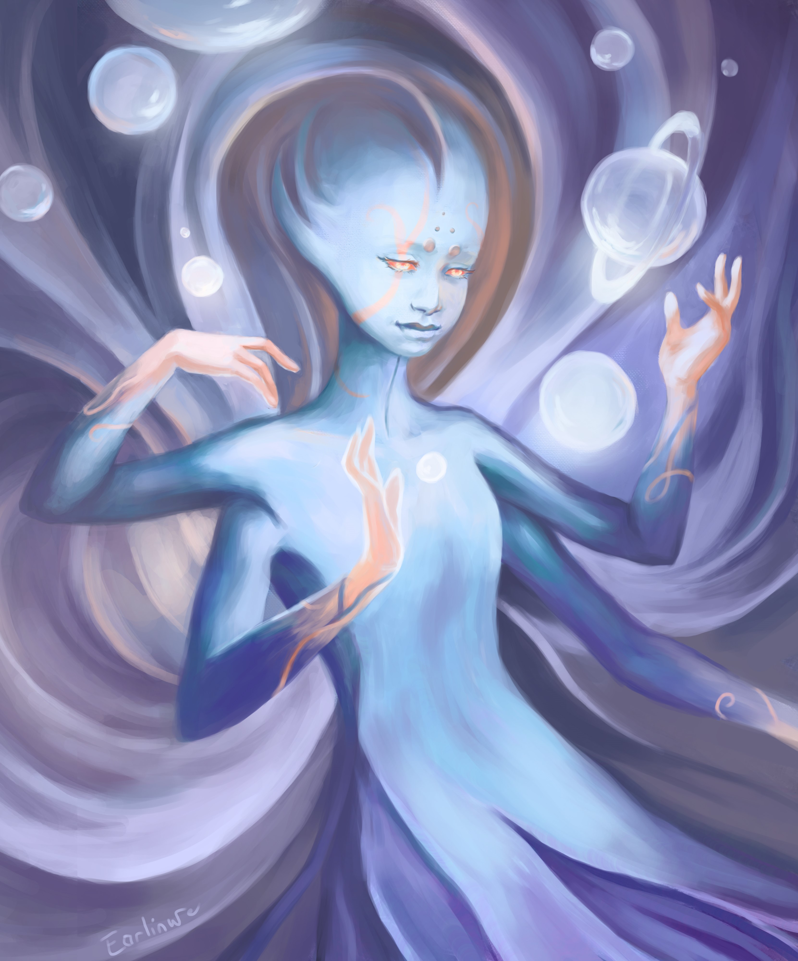 Ethereal being with multiple arms and planets HD Phone Wallpaper