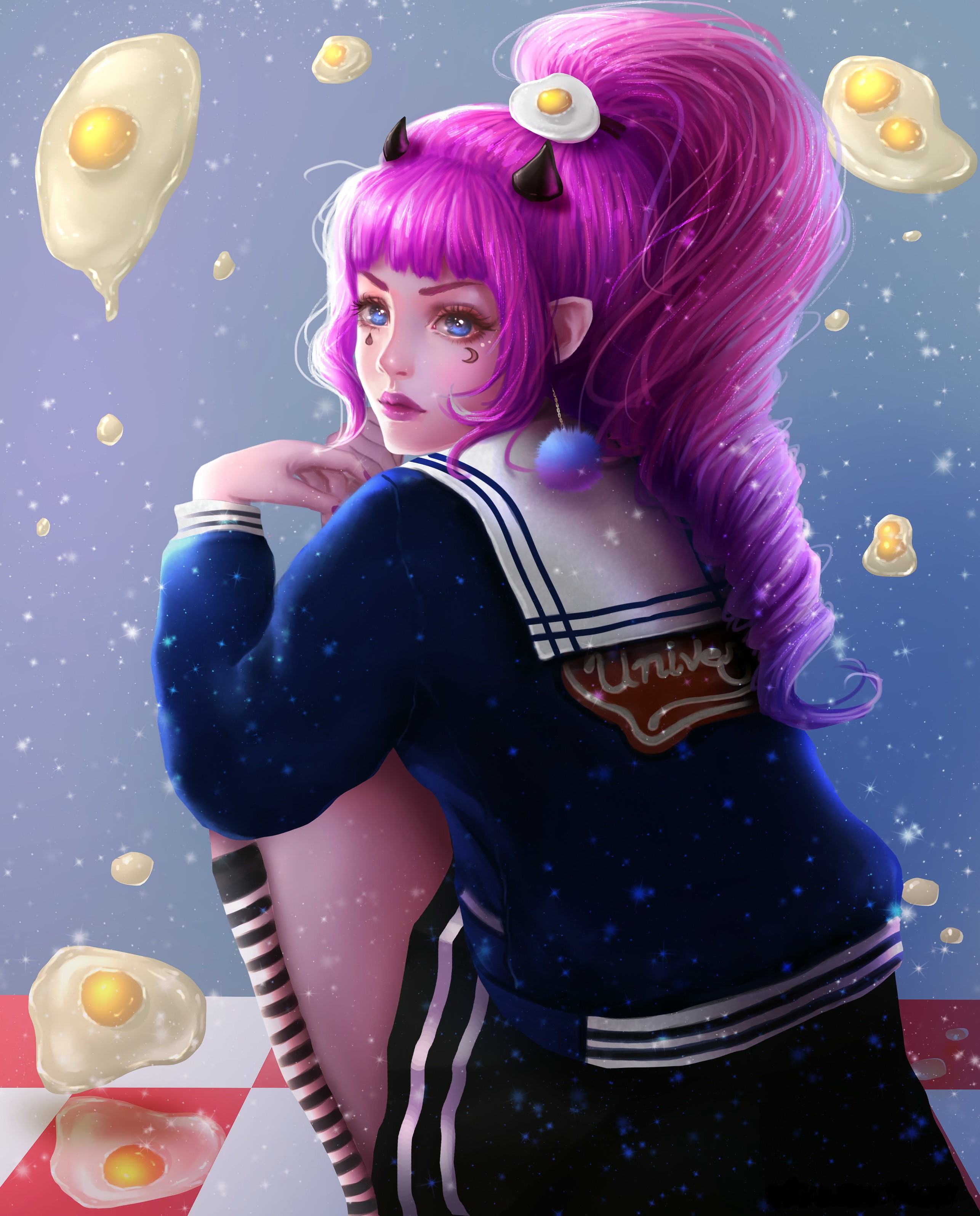 Girl with pink hair and horns with fried eggs HD Phone Wallpaper