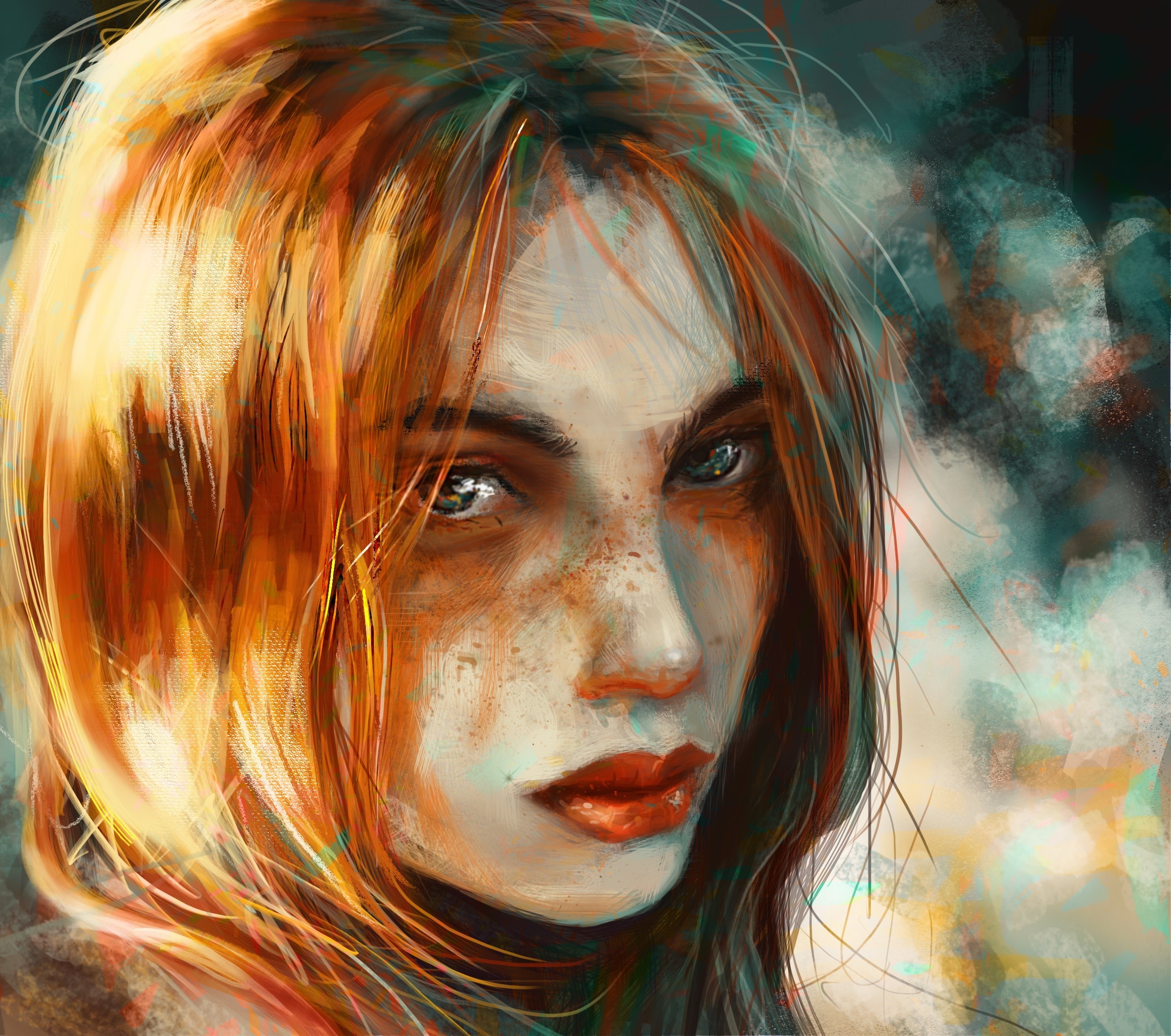 Painting of a redhead girl with freckles HD Wallpaper