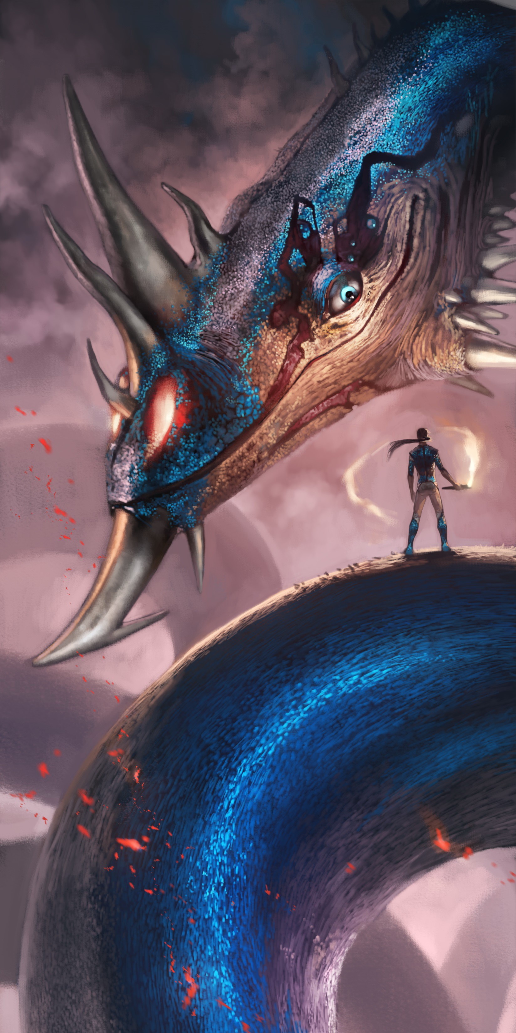 Warrior confronts a giant dragon in a mystical landscape HD Phone Wallpaper