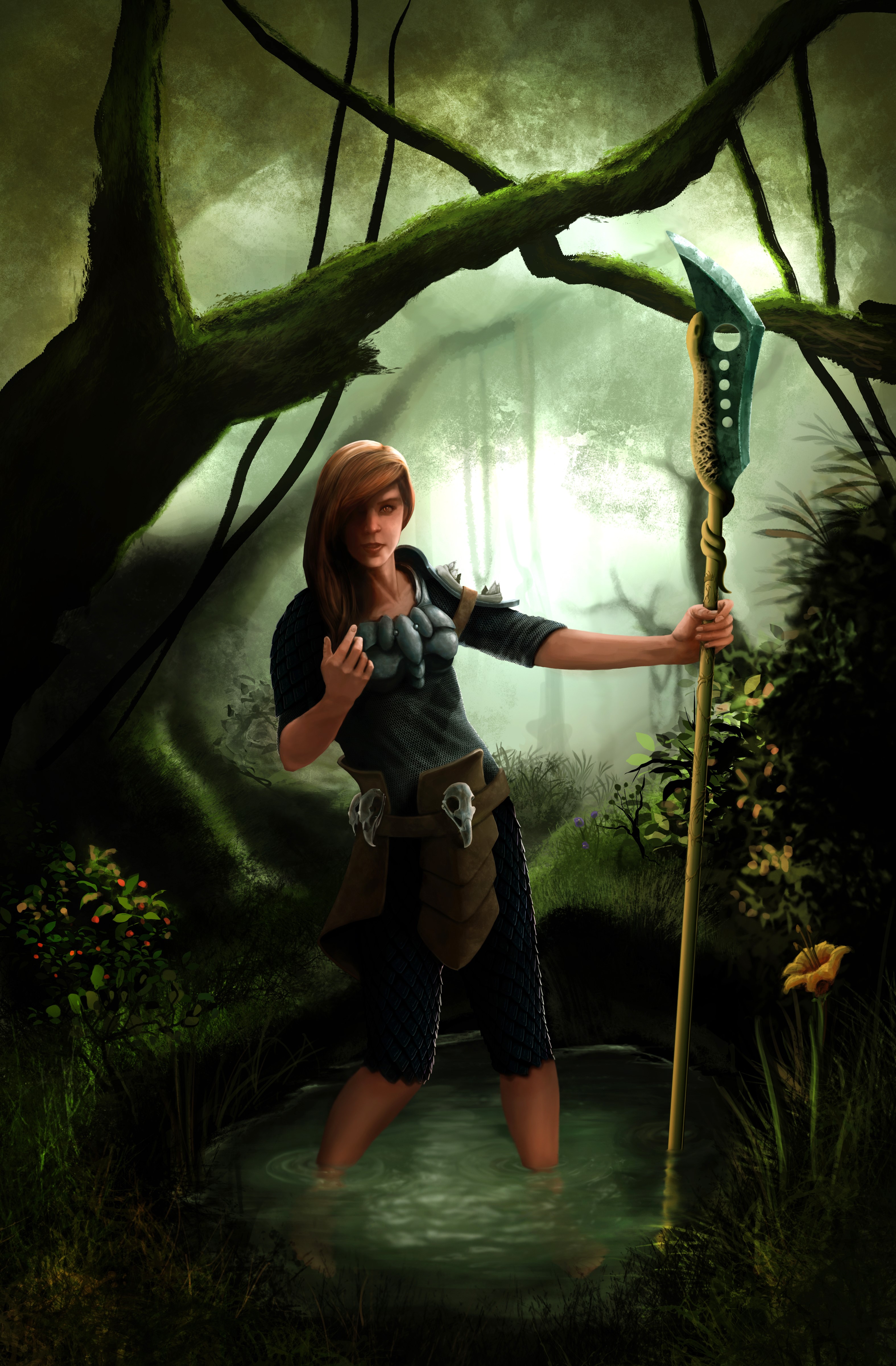 Warrior woman with spear in a swamp HD Phone Wallpaper