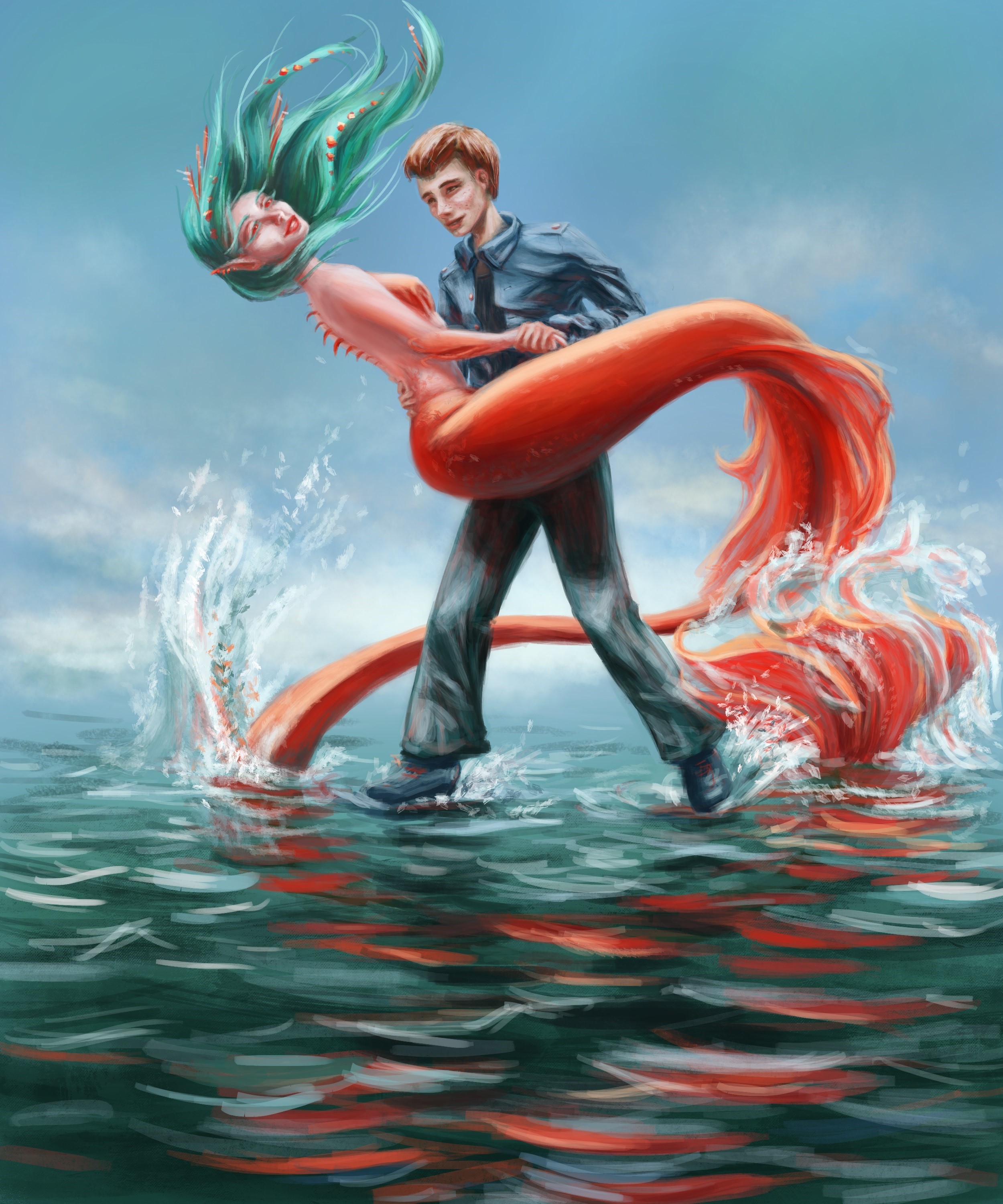Man holding a mermaid with a red tail in the water HD Wallpaper