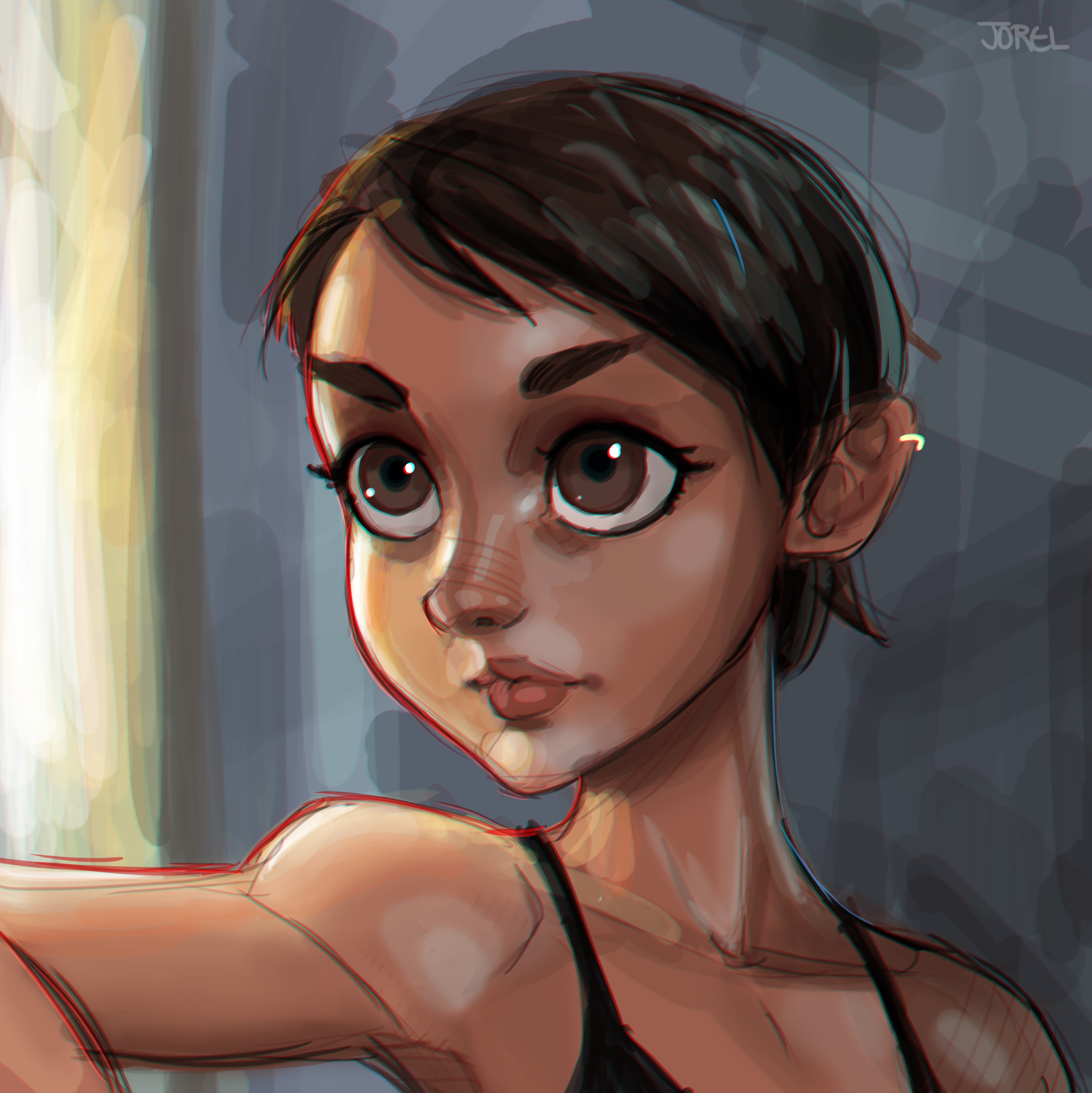 Painting of a brown-haired woman with large eyes HD Wallpaper
