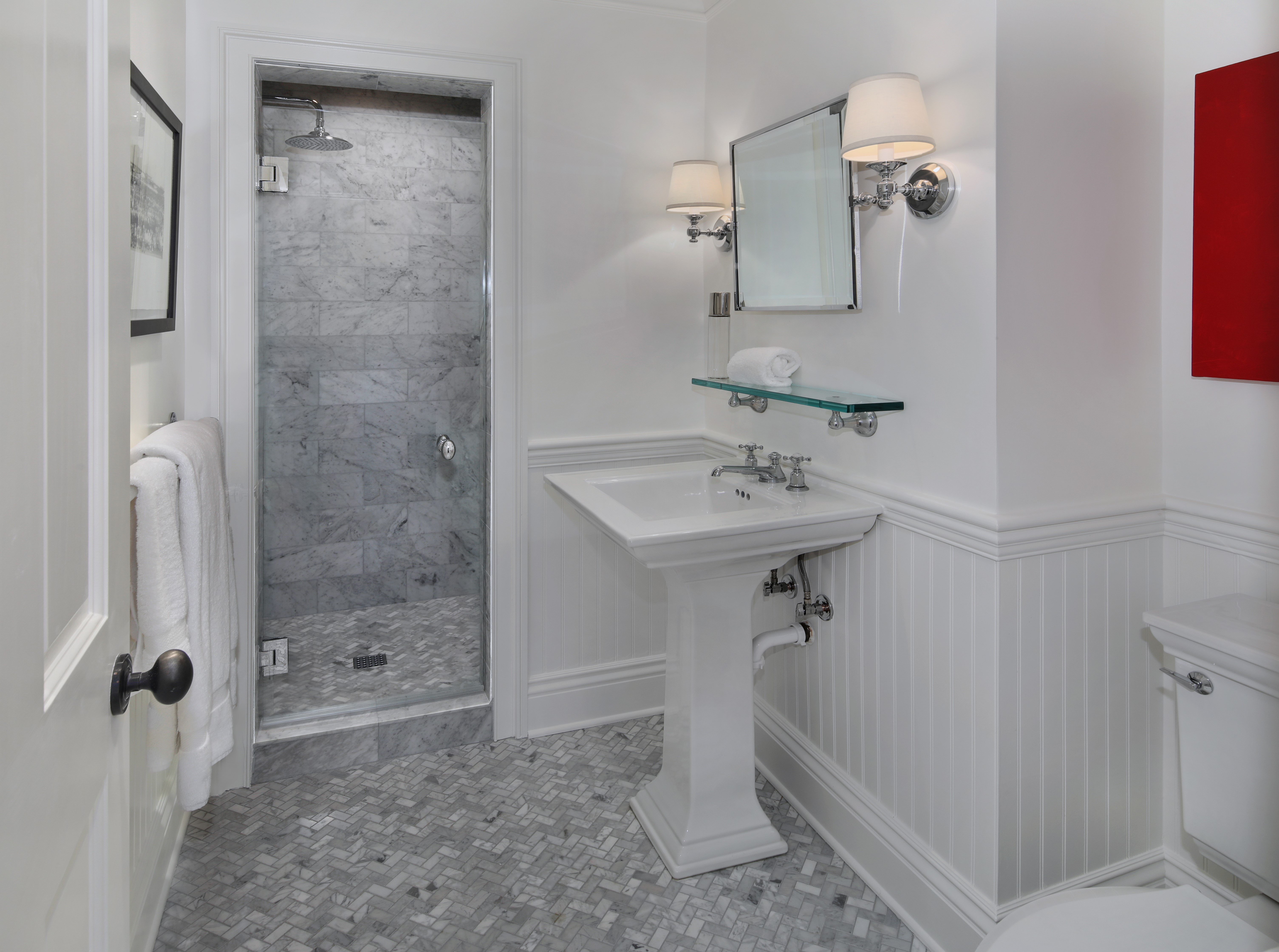Modern Bathroom with Marble Shower and Pedestal Sink HD Wallpaper