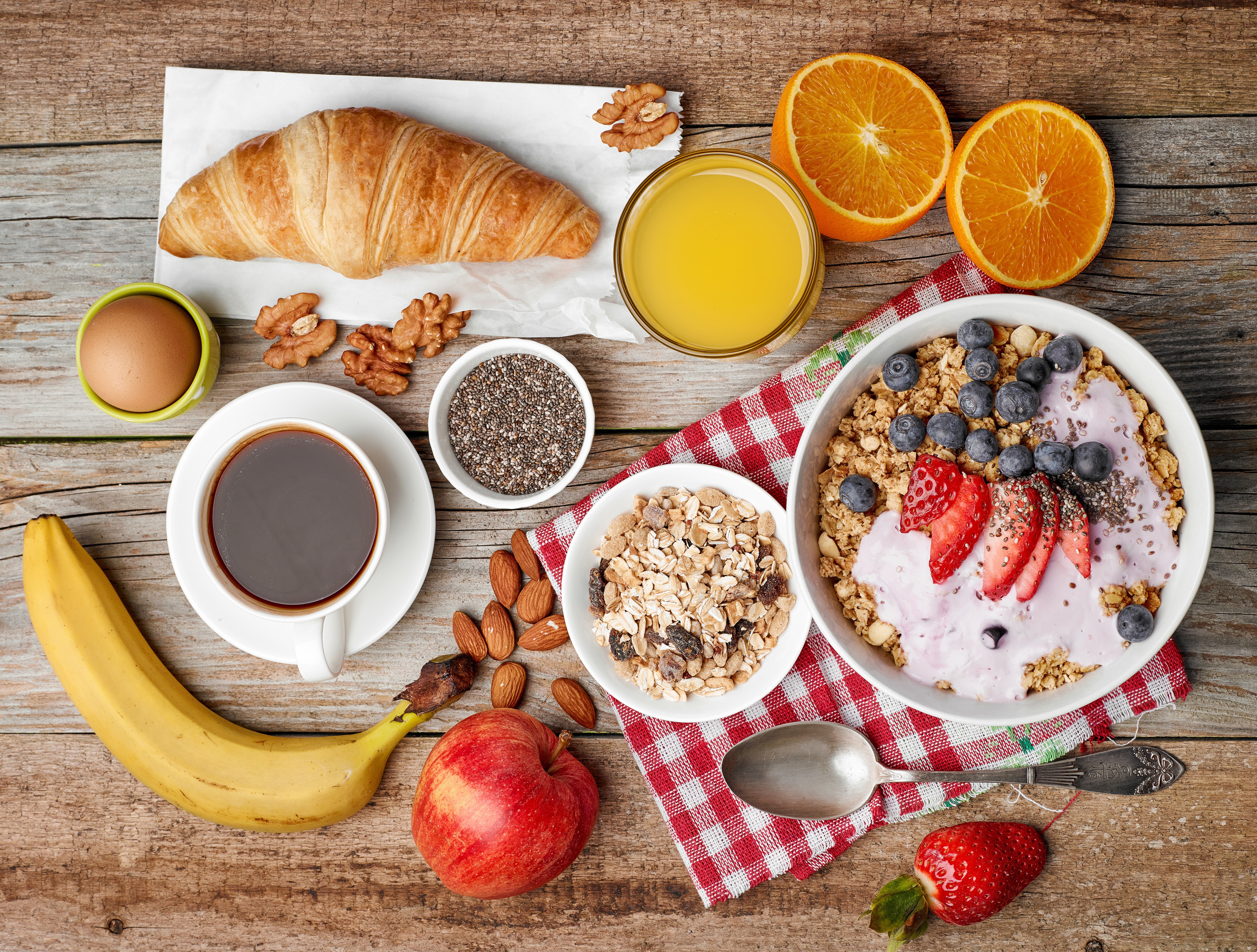 Breakfast with Muesli, Croissant, Coffee, and Fruits HD Wallpaper