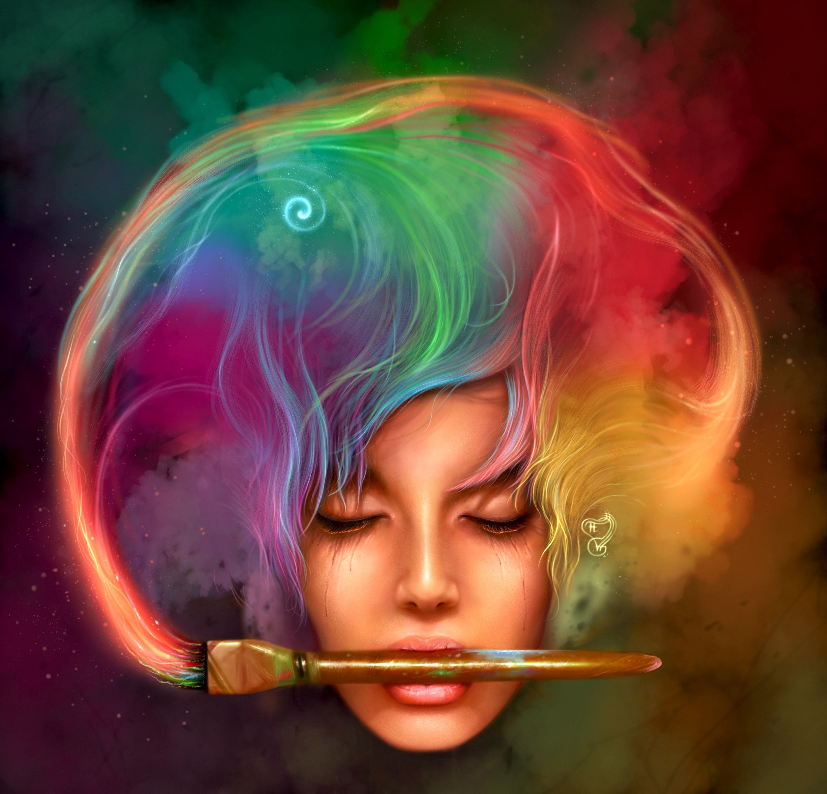Woman with rainbow hair and paintbrush HD Wallpaper