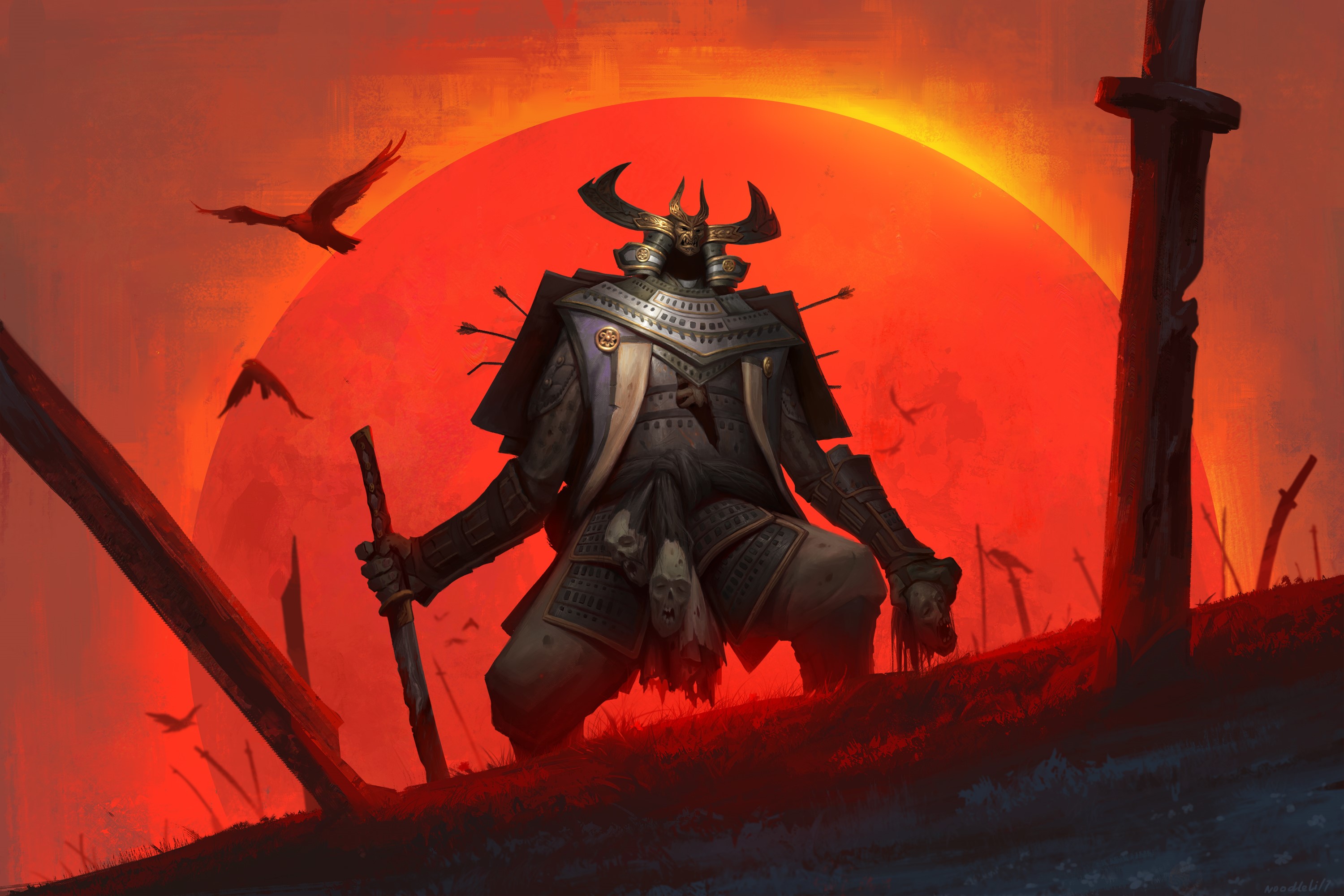 Samurai warrior with arrows in armor against a red sun HD Wallpaper