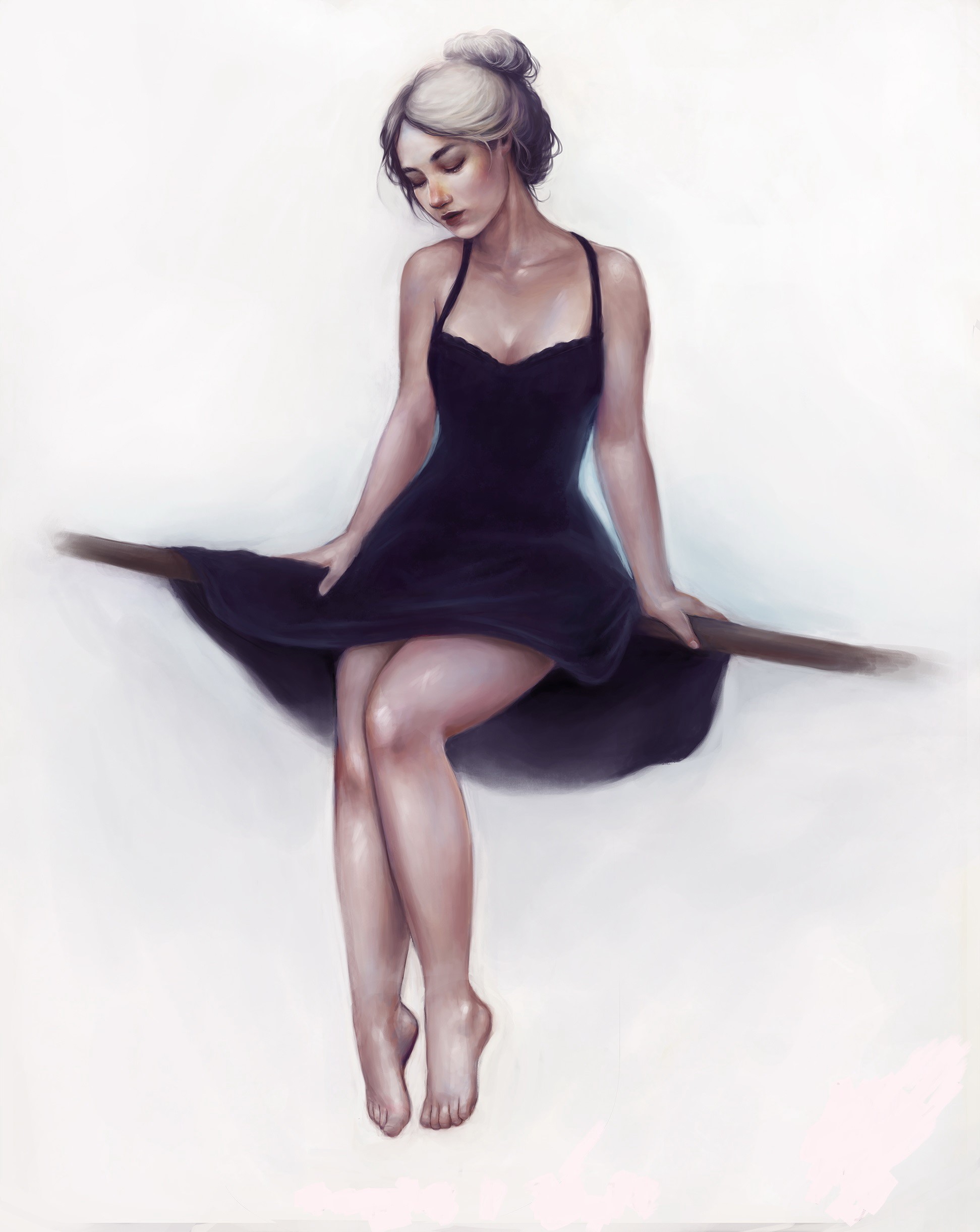 Painting of a woman in a black dress sitting on a branch HD Phone Wallpaper