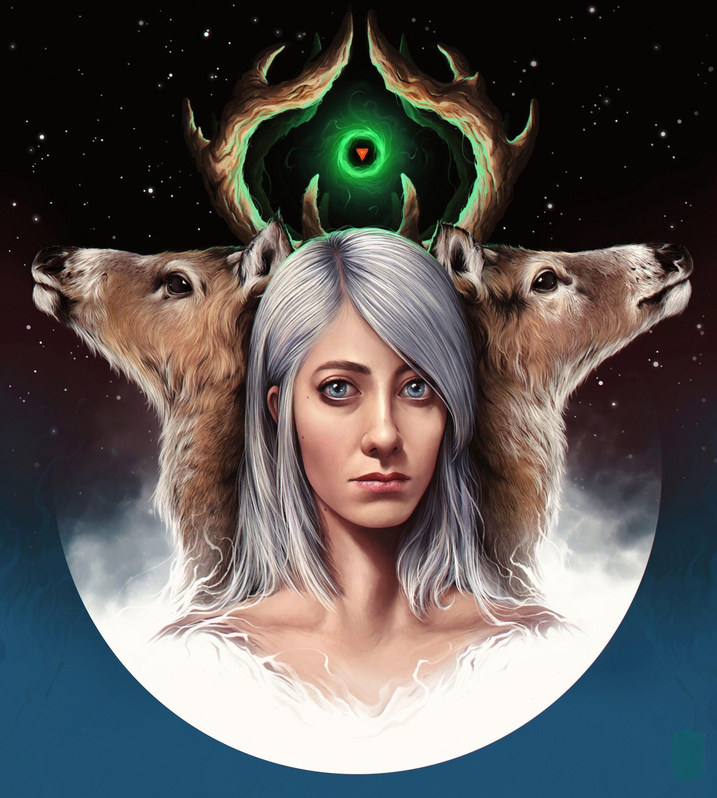 Woman with deer antlers and a green portal HD Wallpaper
