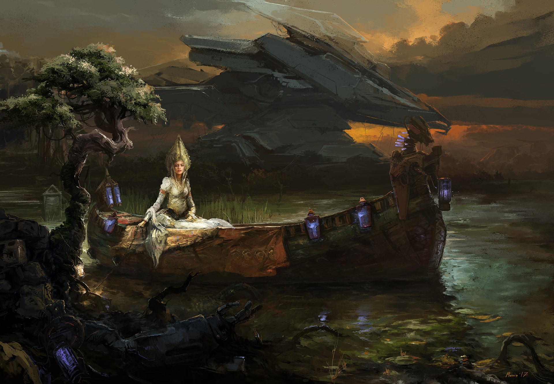 Woman in boat with futuristic ship in background HD Wallpaper