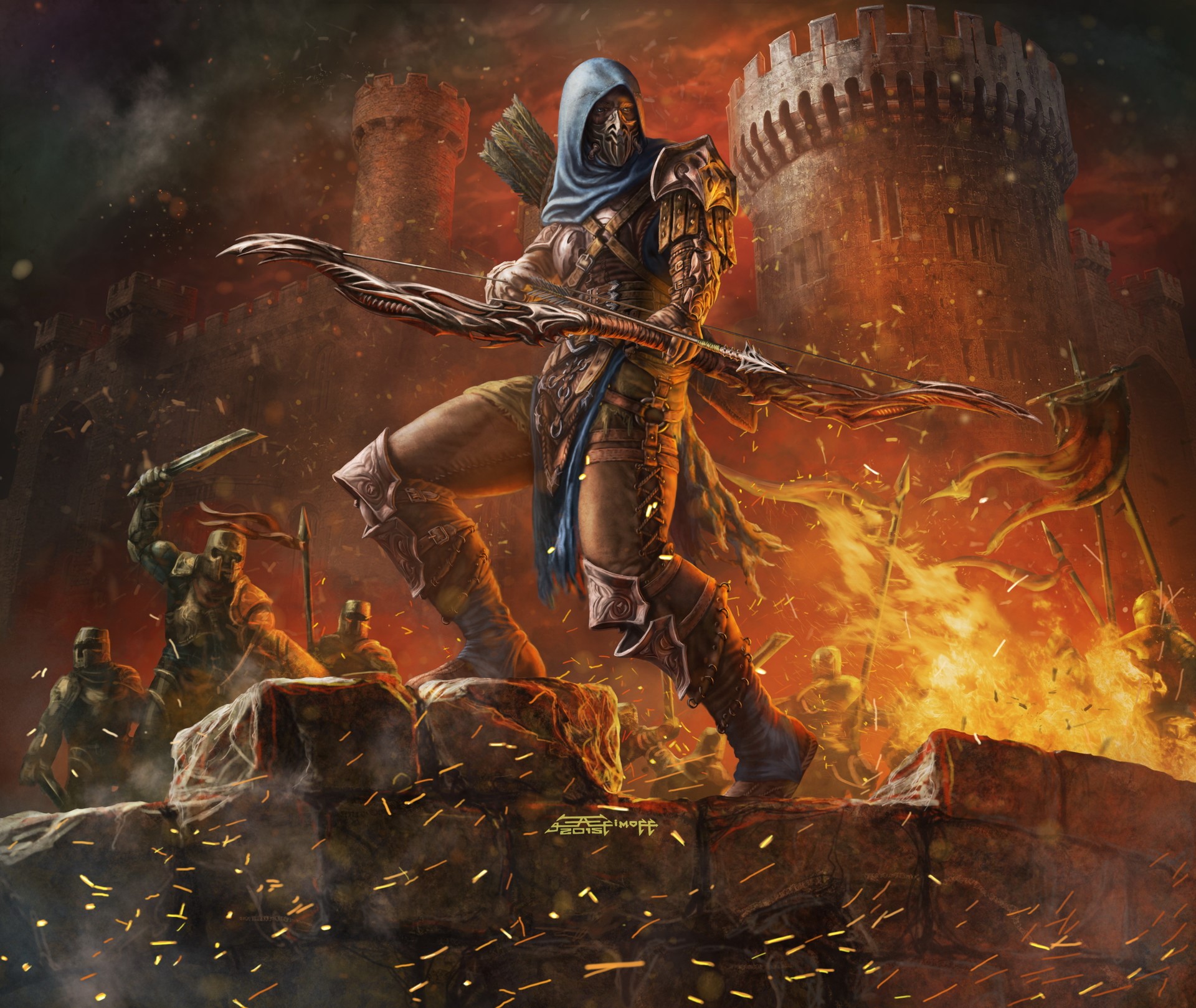 Archer in a mask and hood with a bow in front of a burning castle HD Wallpaper
