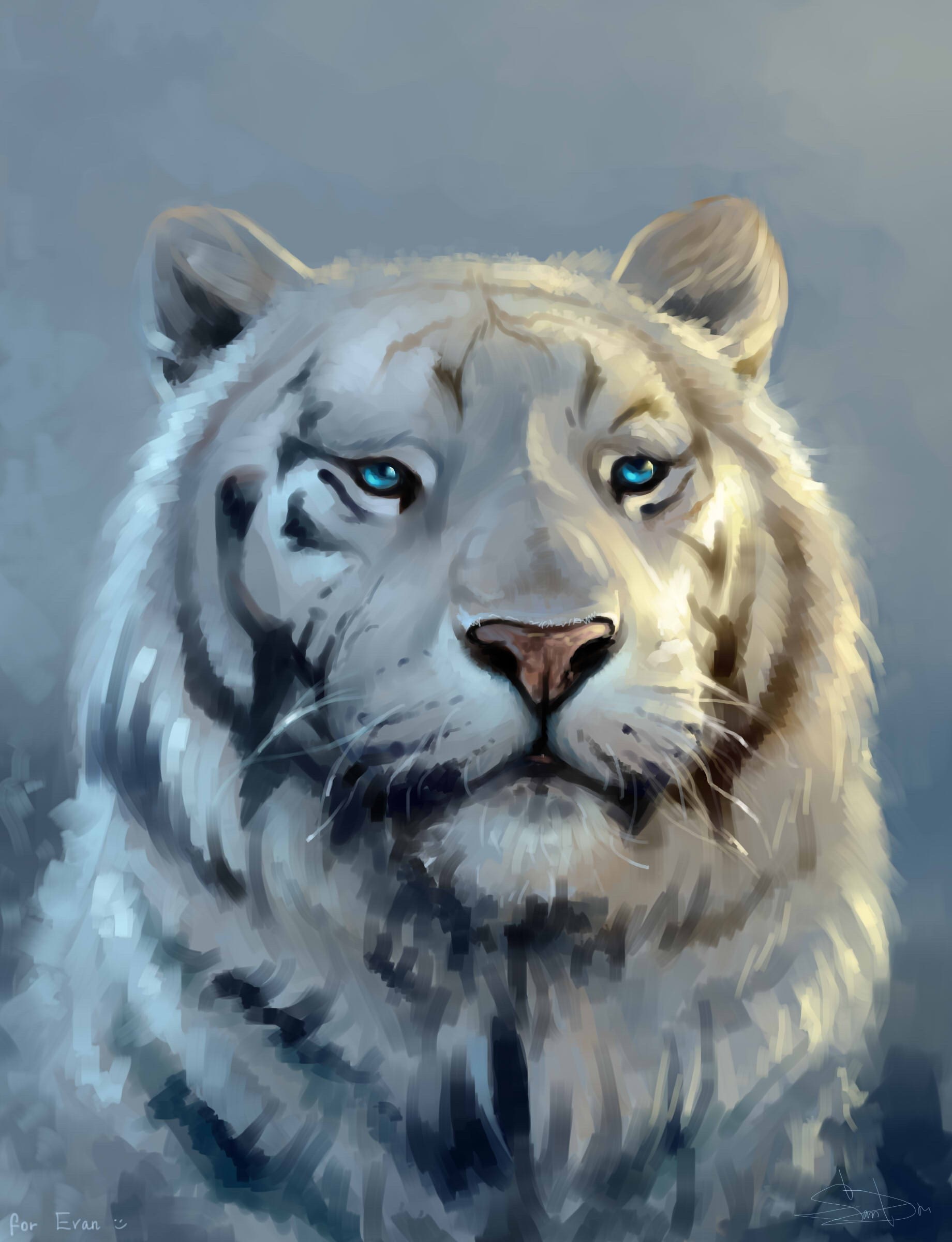 Painting of a white tiger's head HD Phone Wallpaper