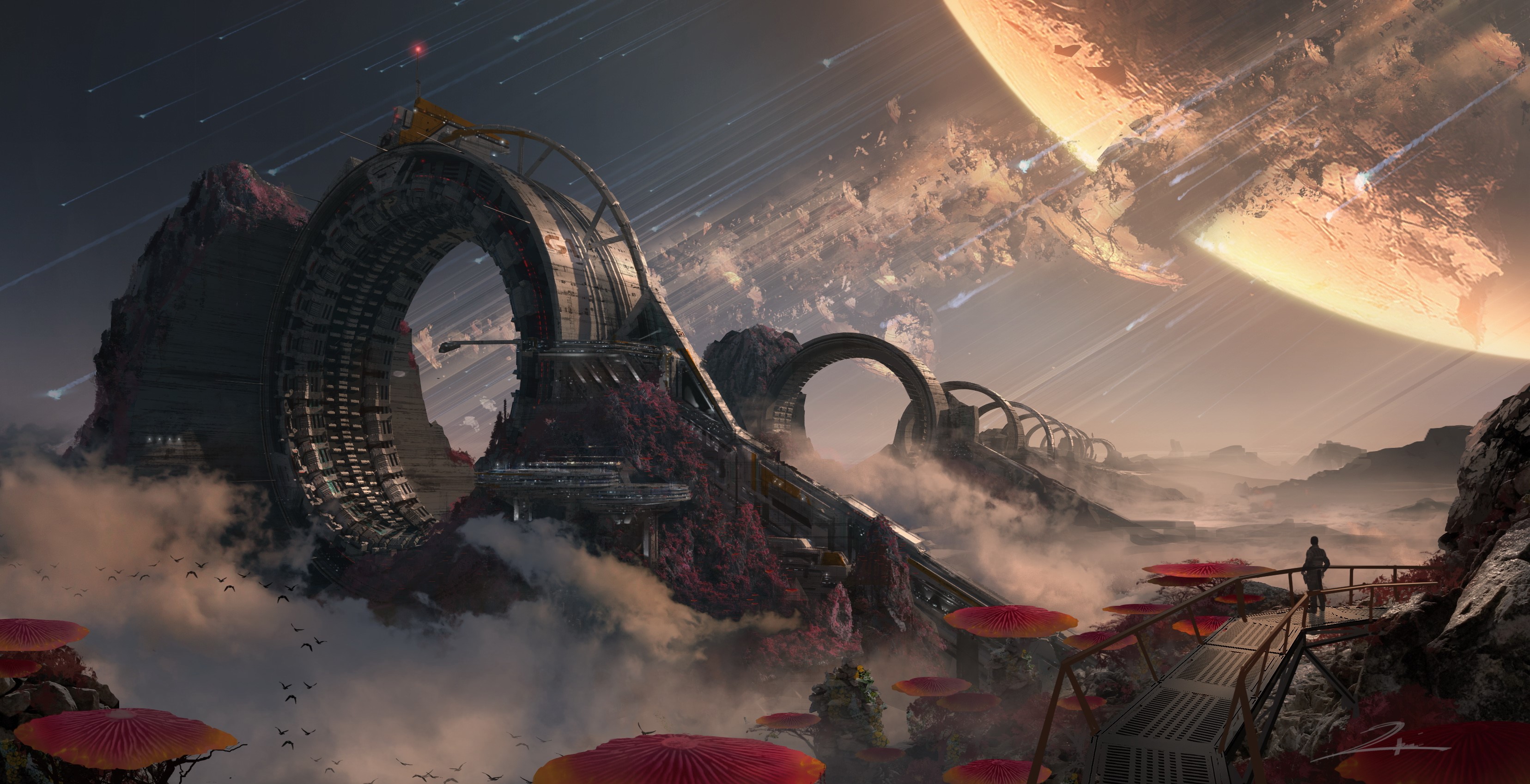Futuristic structures on an alien planet with a large planet in the sky HD Wallpaper