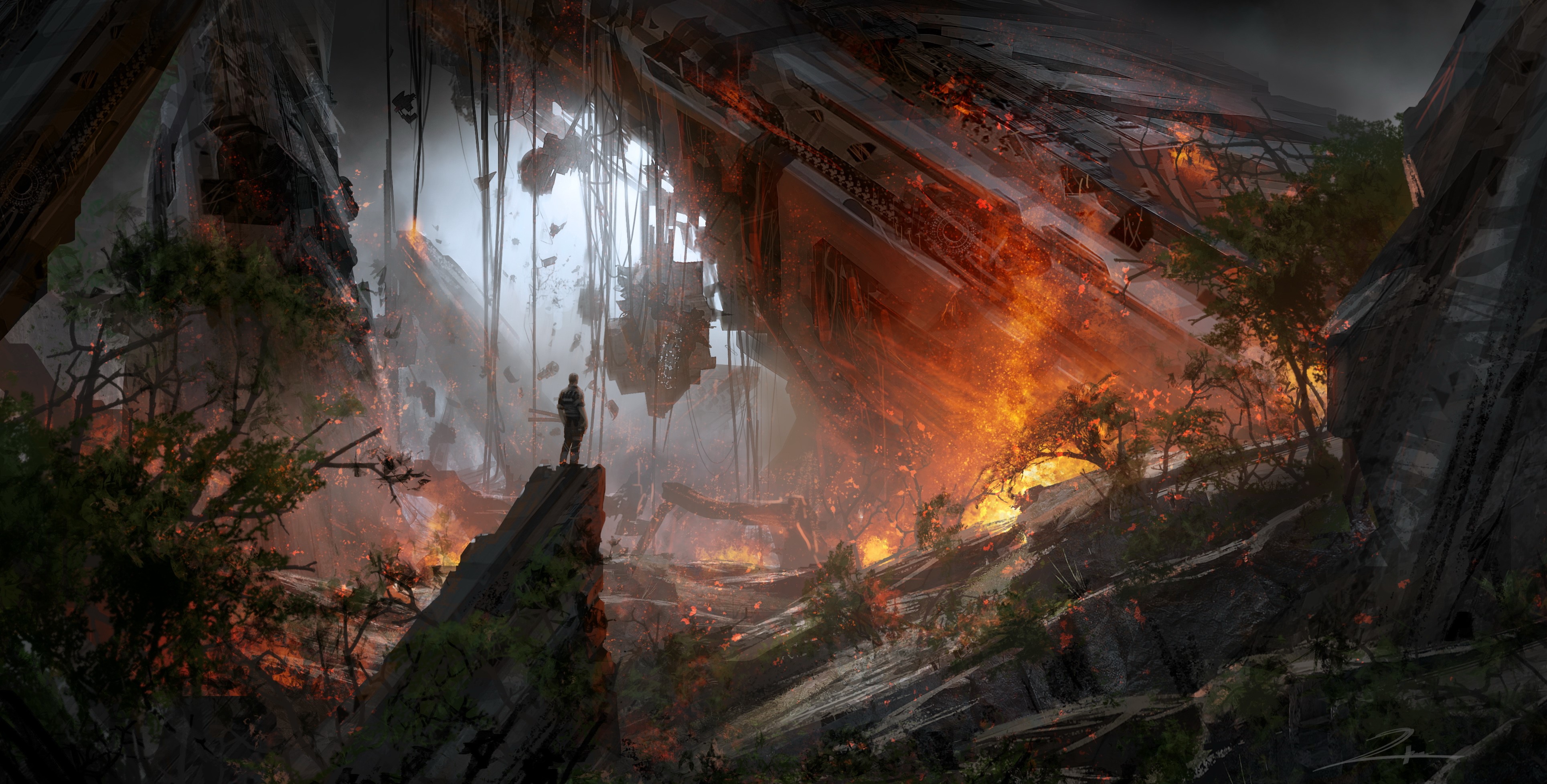 A lone figure surveys a destroyed futuristic landscape HD Wallpaper