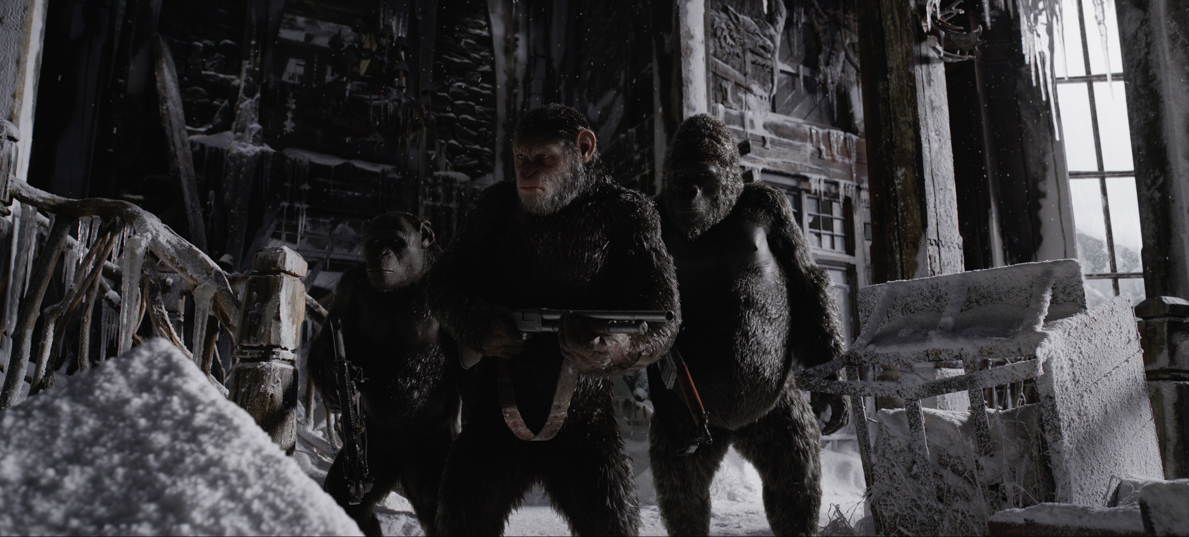 Three Apes with Rifles in War for the Planet of the Apes HD Wallpaper
