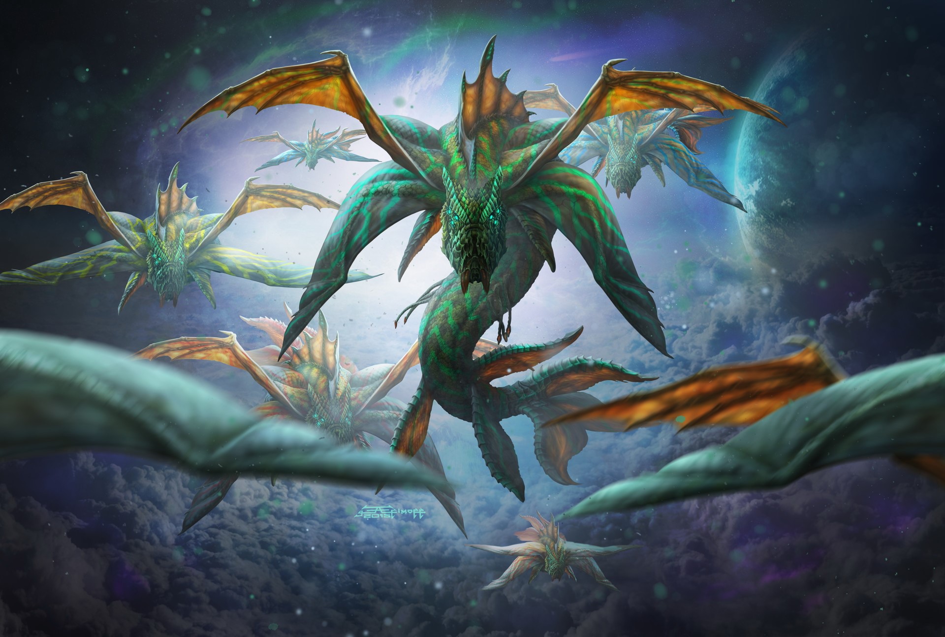 A swarm of alien sea dragons in space HD Wallpaper