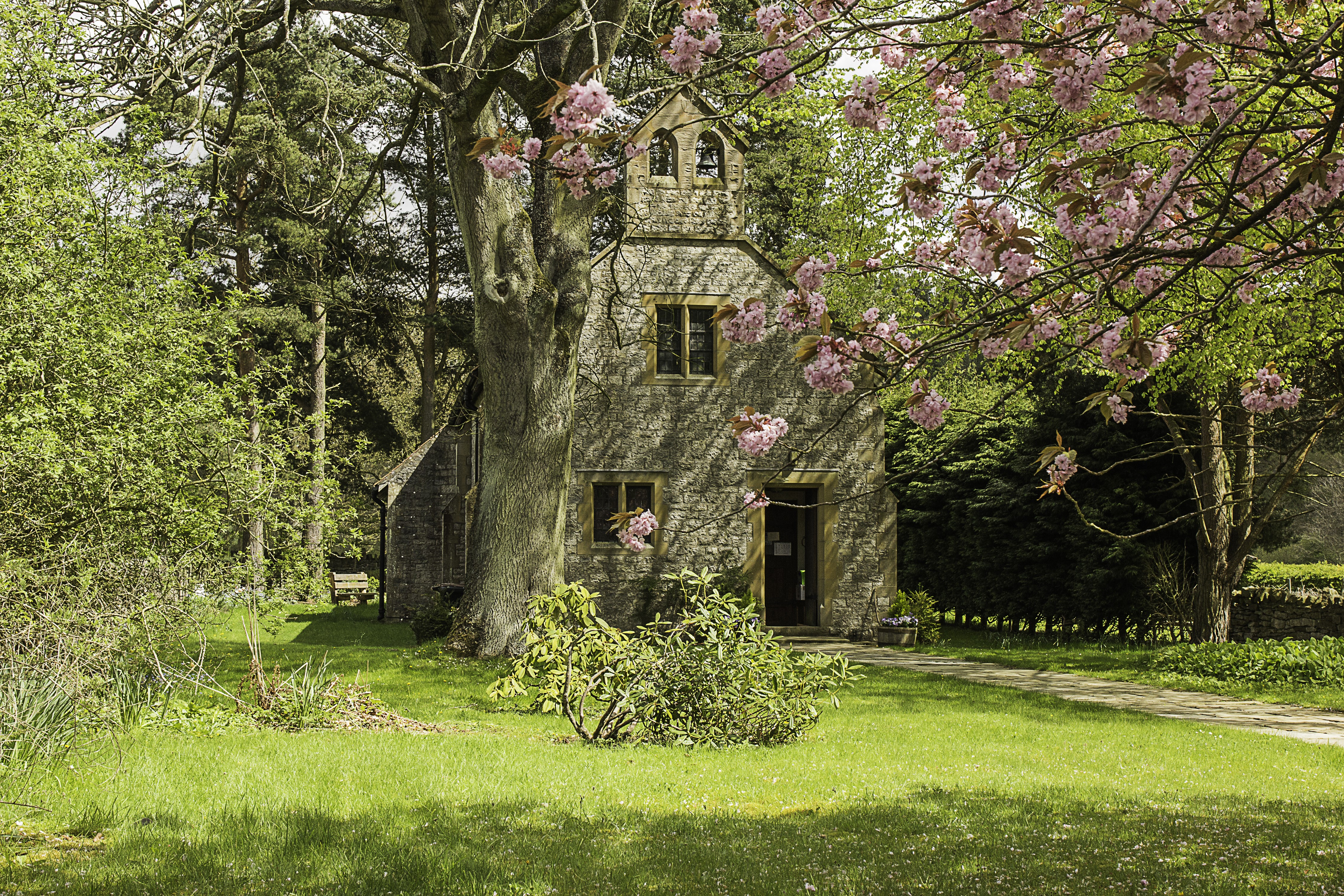 Stone church with flowering trees in England HD Wallpaper
