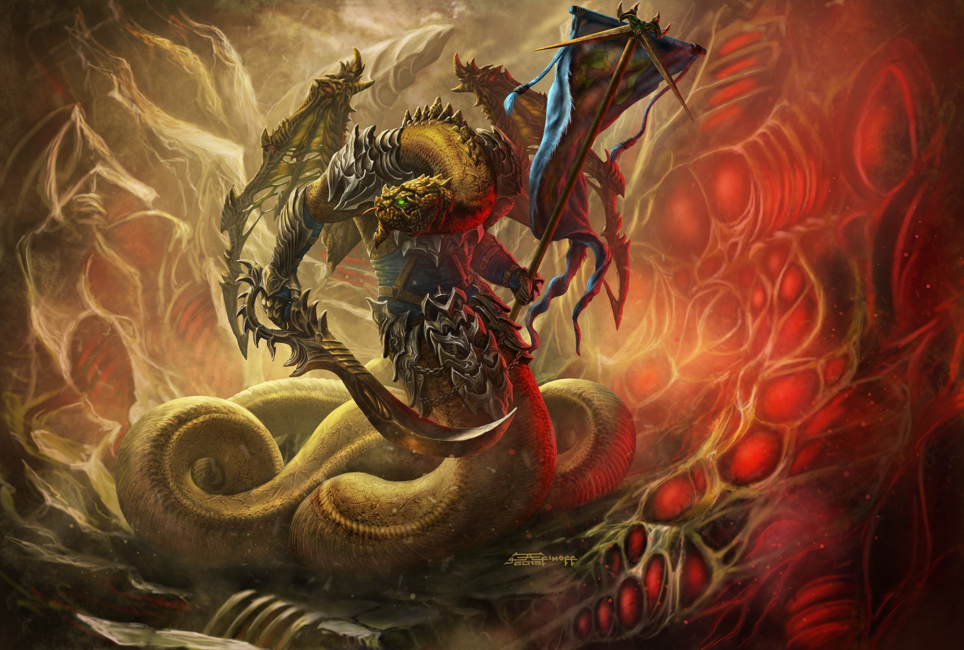 Dragon creature with wings and sabre holding a flag HD Wallpaper
