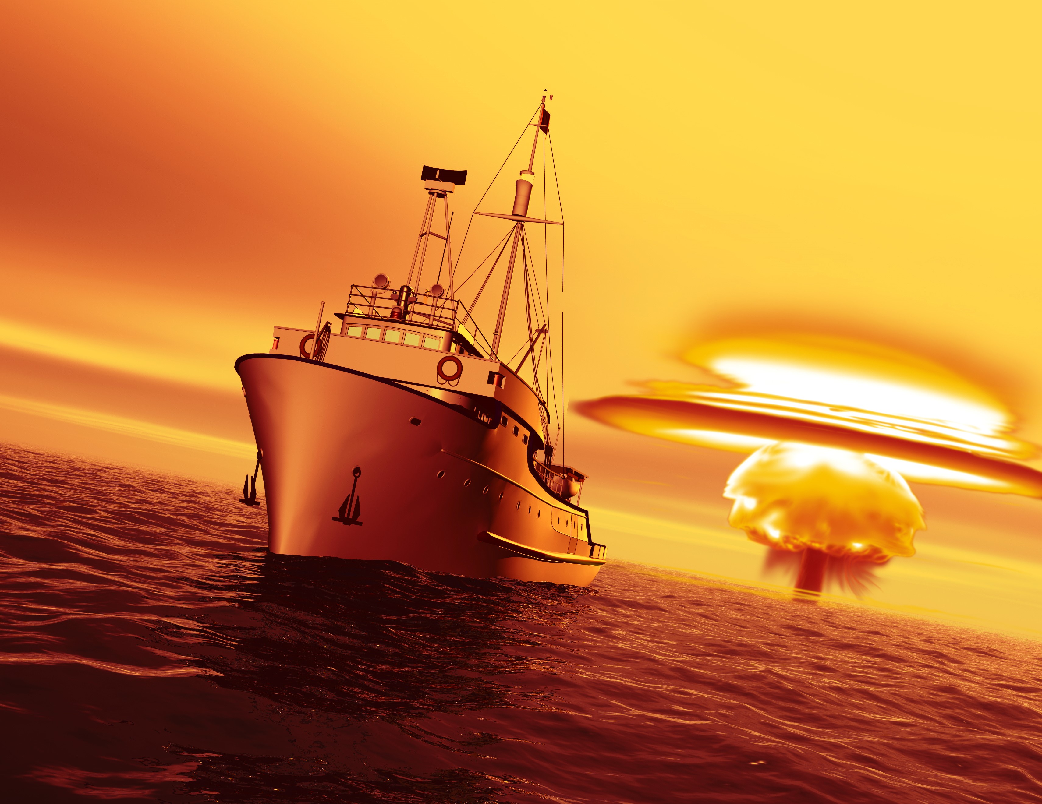Ship near a nuclear explosion at sea HD Wallpaper