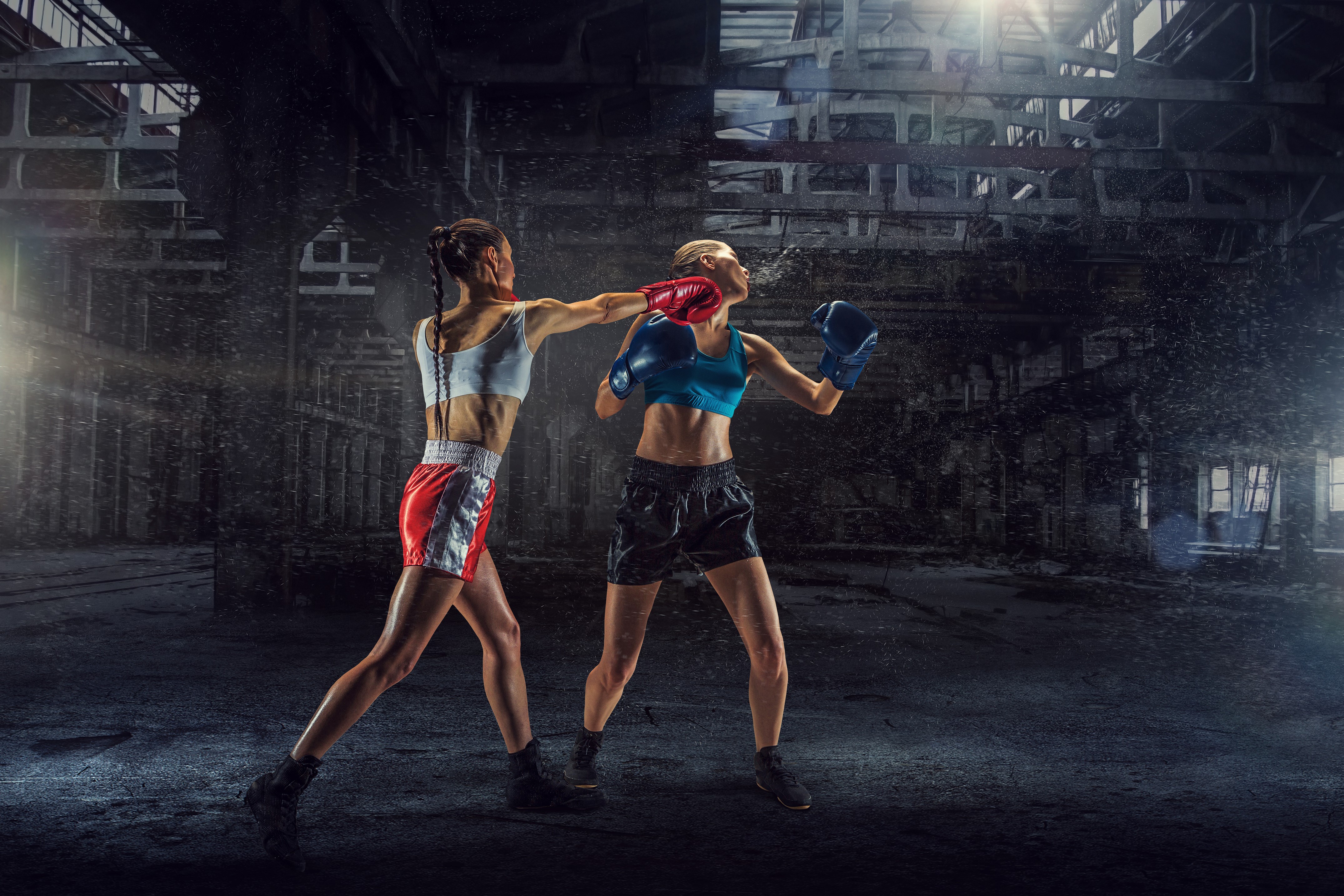 Two female boxers fighting in an abandoned building HD Wallpaper
