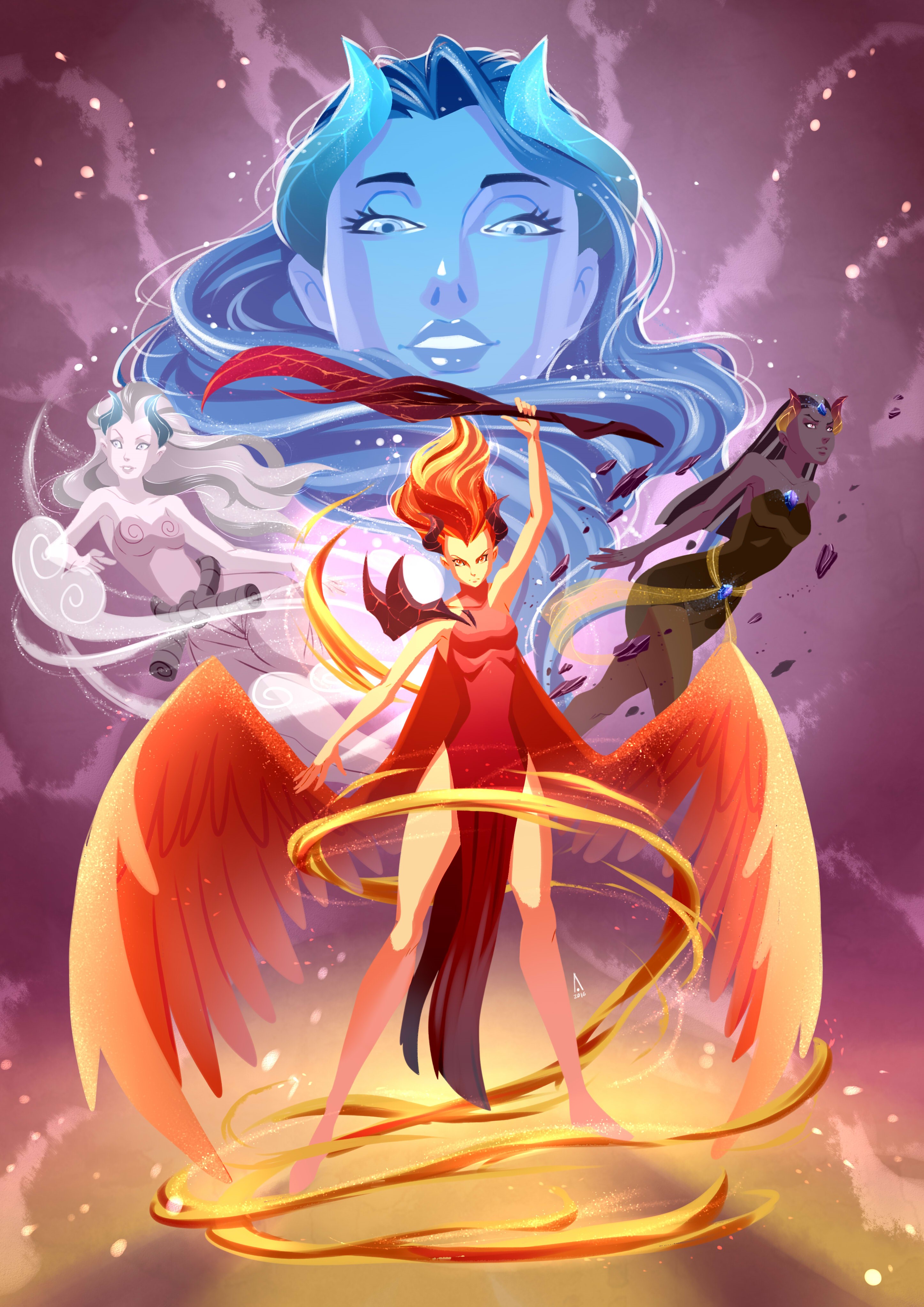 Four elemental goddesses with wings and horns HD Phone Wallpaper