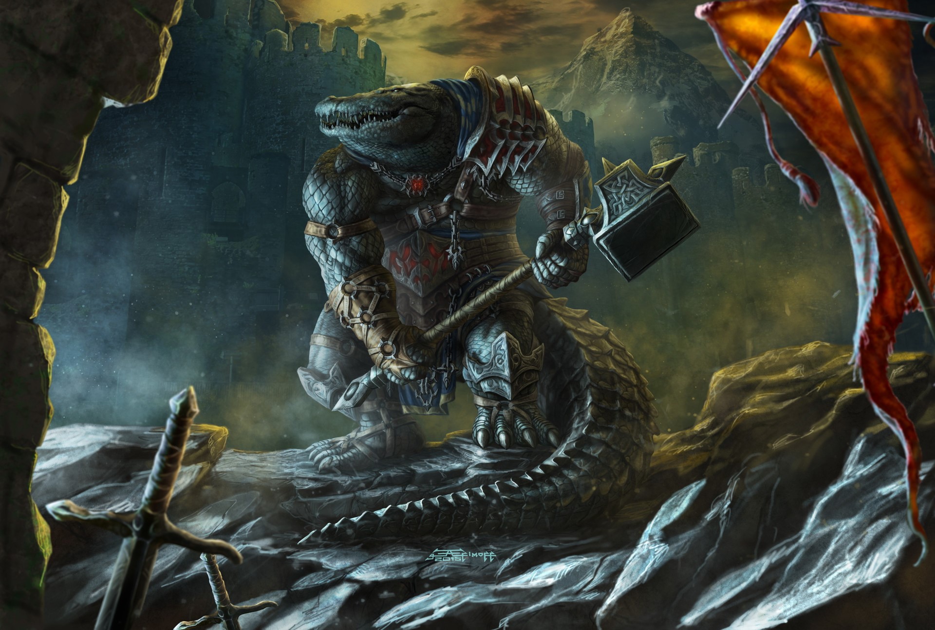 Armored Crocodile Warrior with War Hammer HD Wallpaper