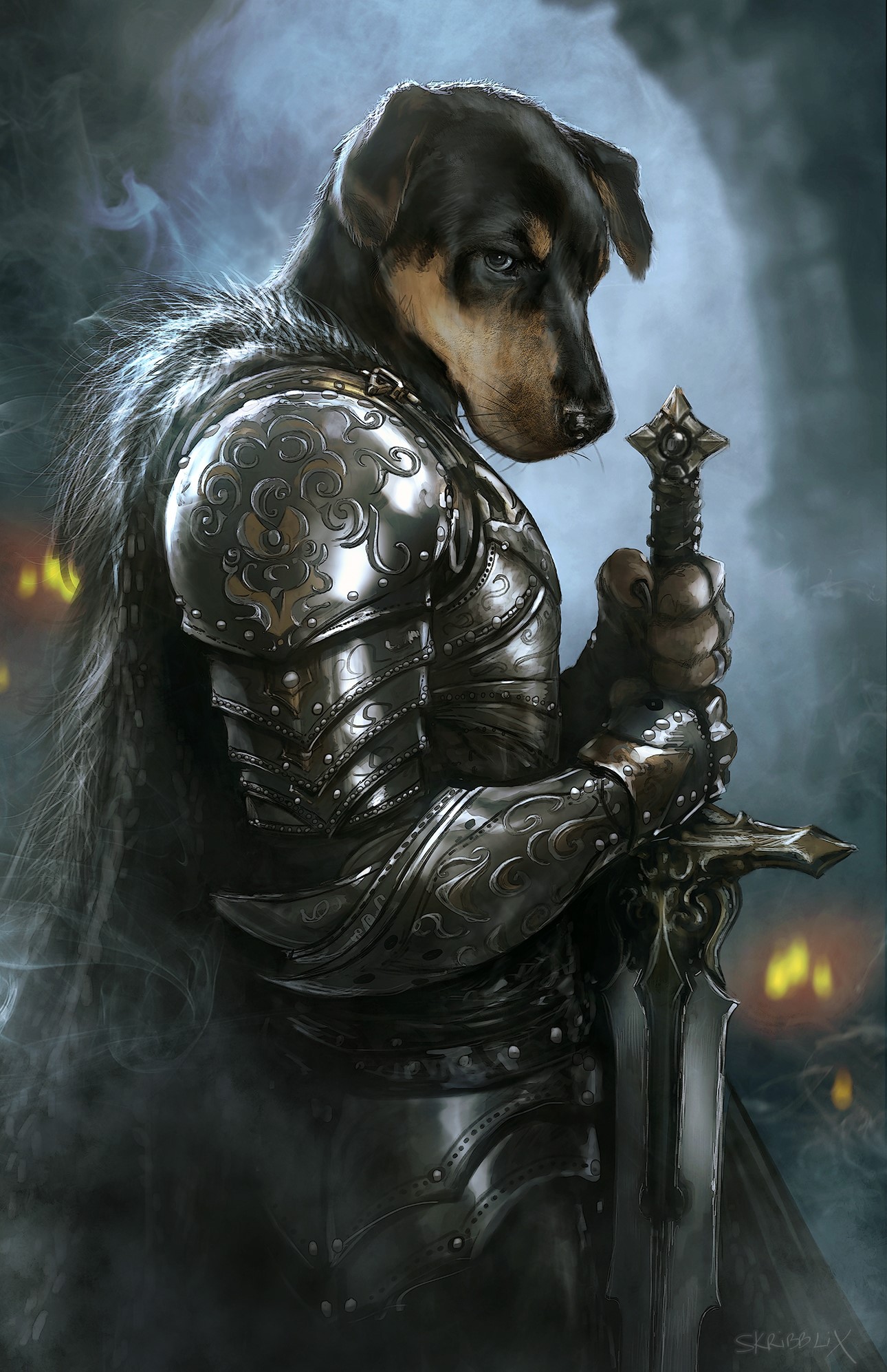 Dog knight in ornate armor holding a sword HD Phone Wallpaper
