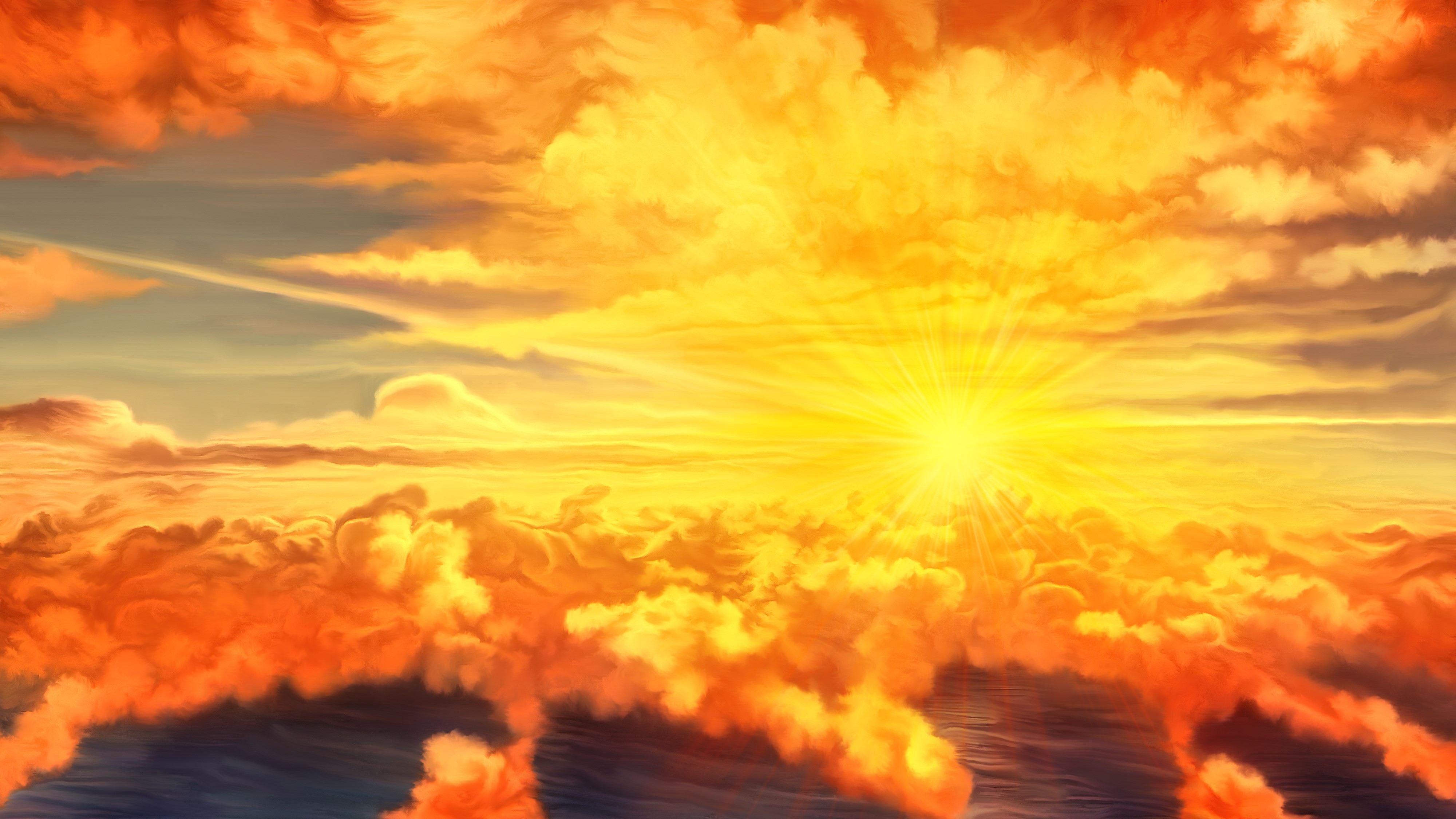 Painting of a Sunset Over the Sea with Rays of Light HD Wallpaper