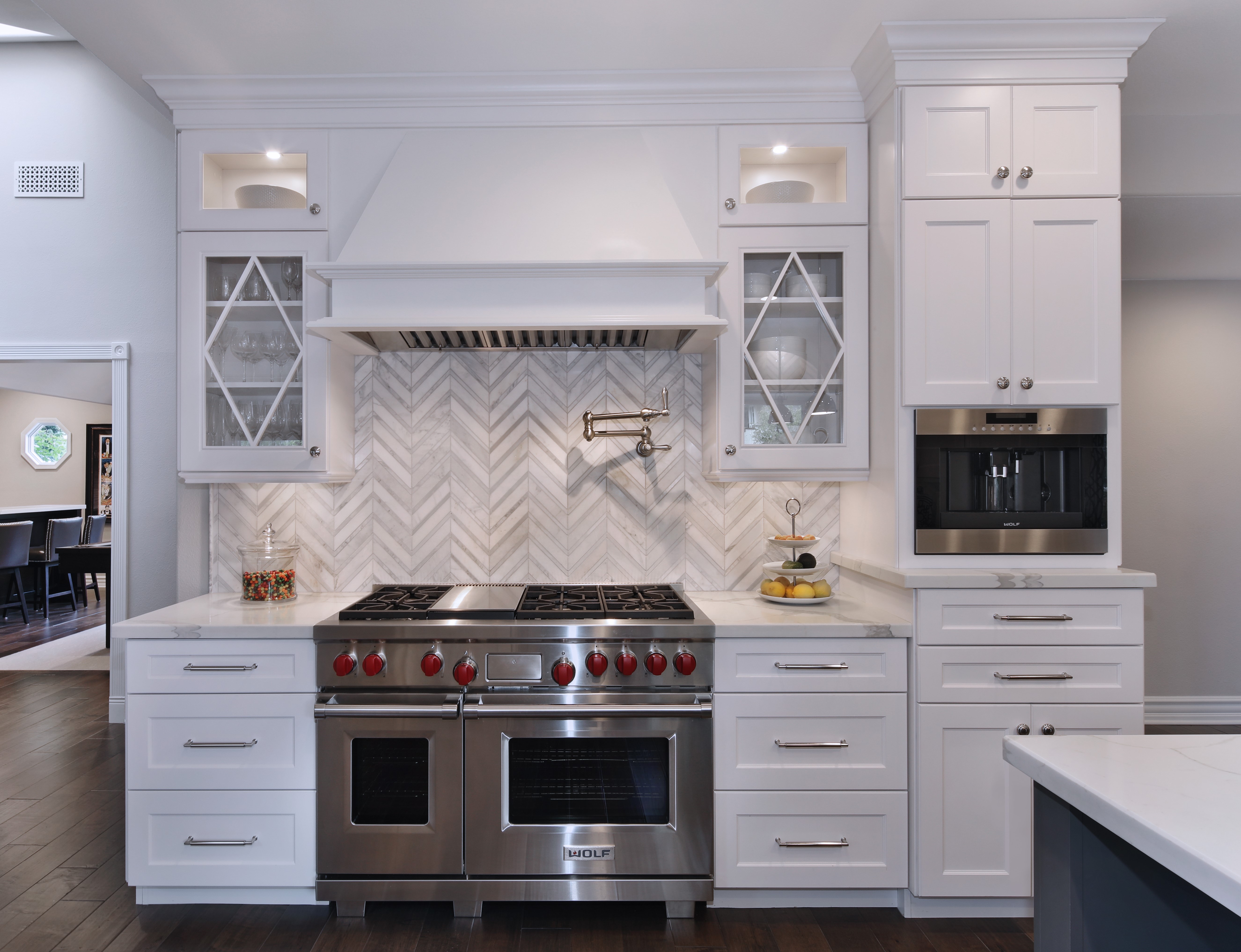 Modern White Kitchen with Wolf Range and Coffee Maker HD Wallpaper
