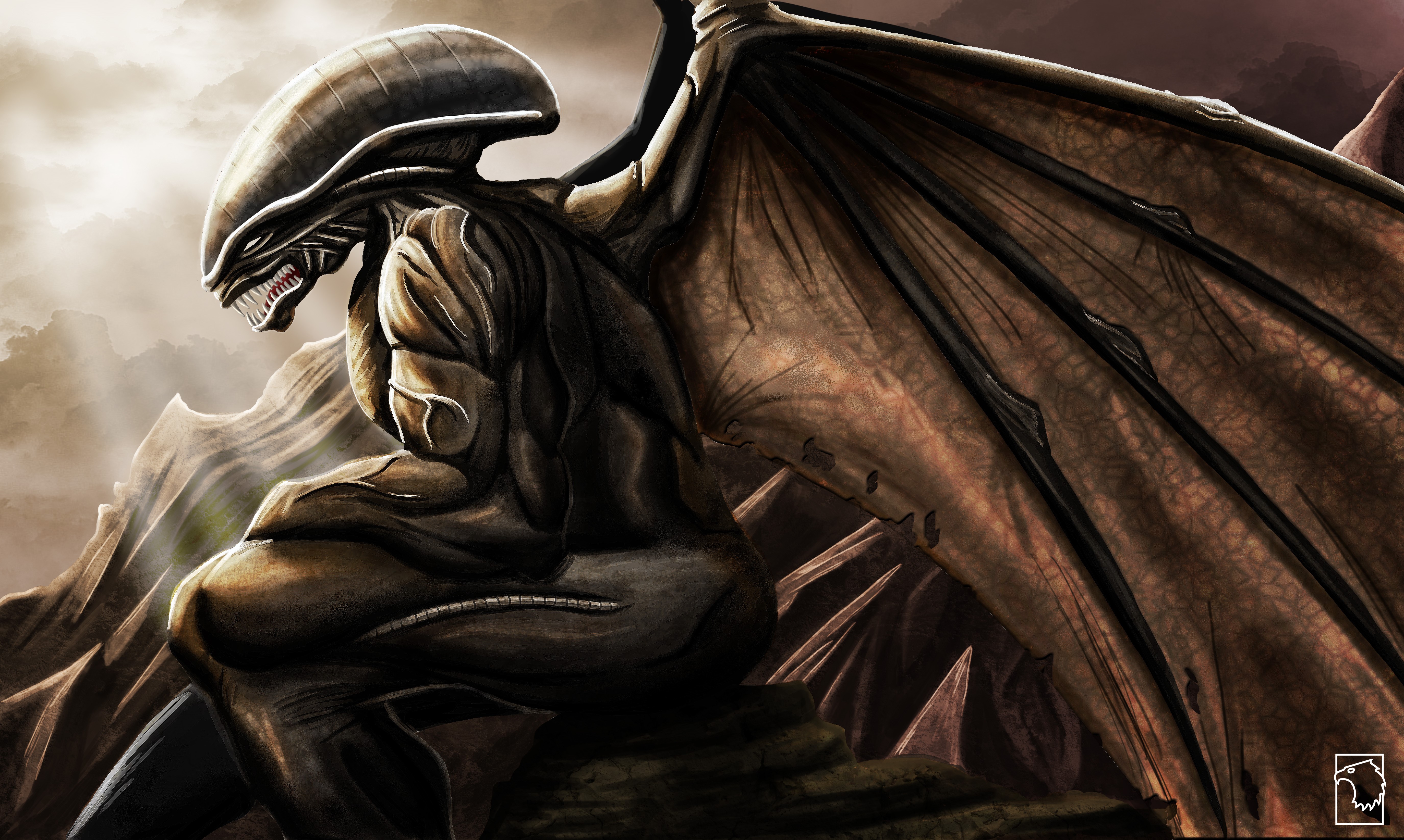 4K Alien Creature with Wings in Rocky Landscape HD Wallpaper
