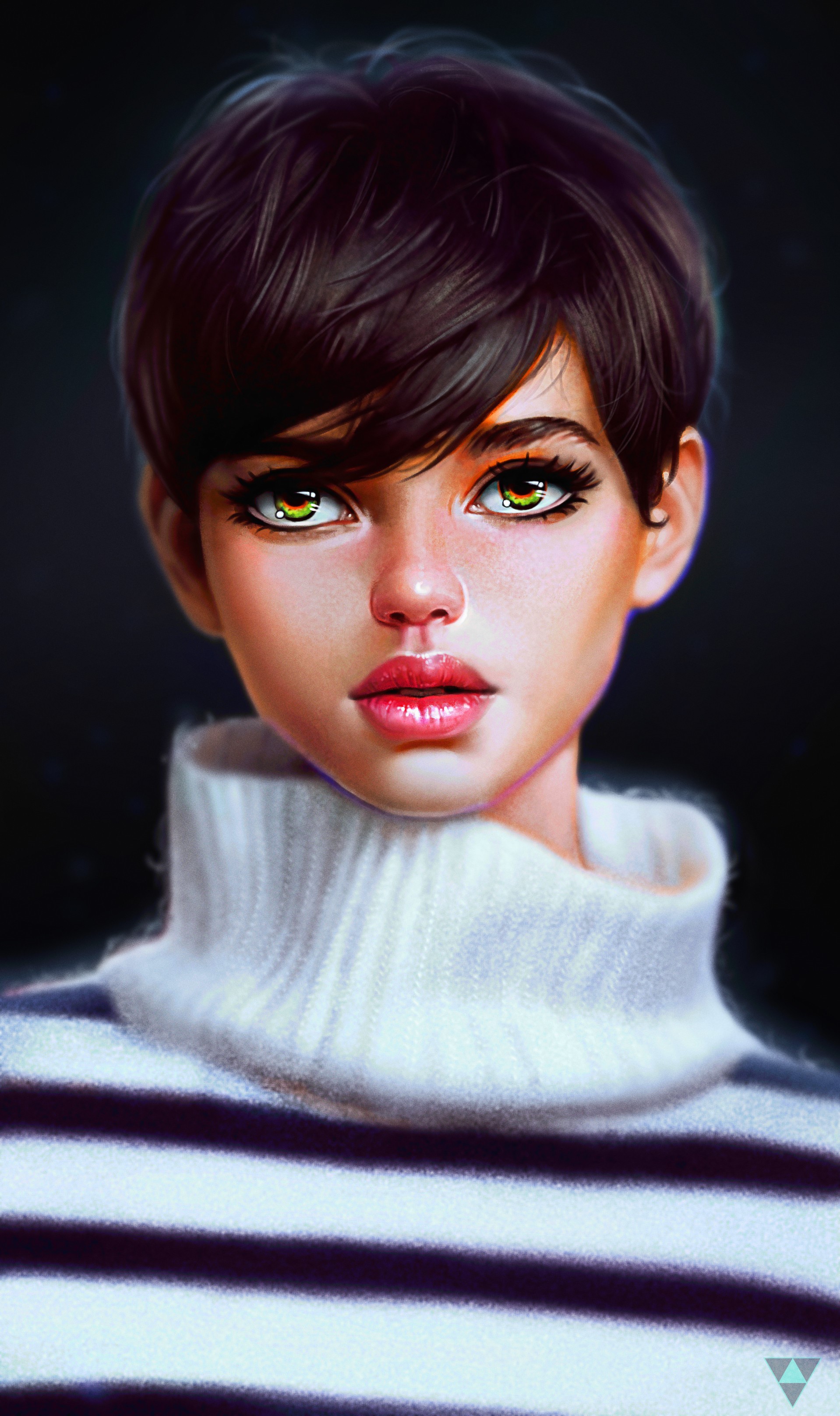 Painting of a brown-haired girl in a sweater HD Phone Wallpaper
