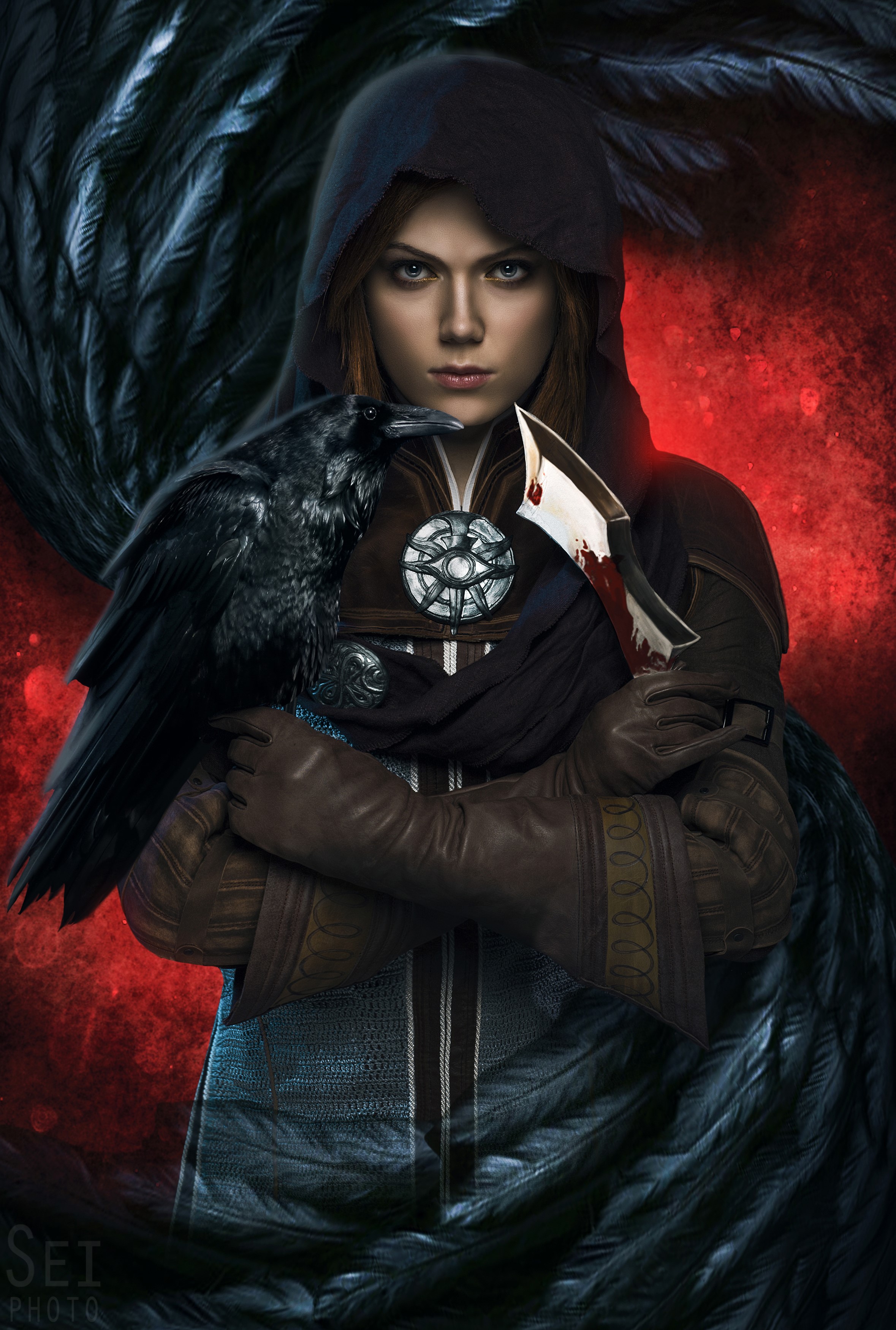 Woman with crow and bloody knife HD Phone Wallpaper