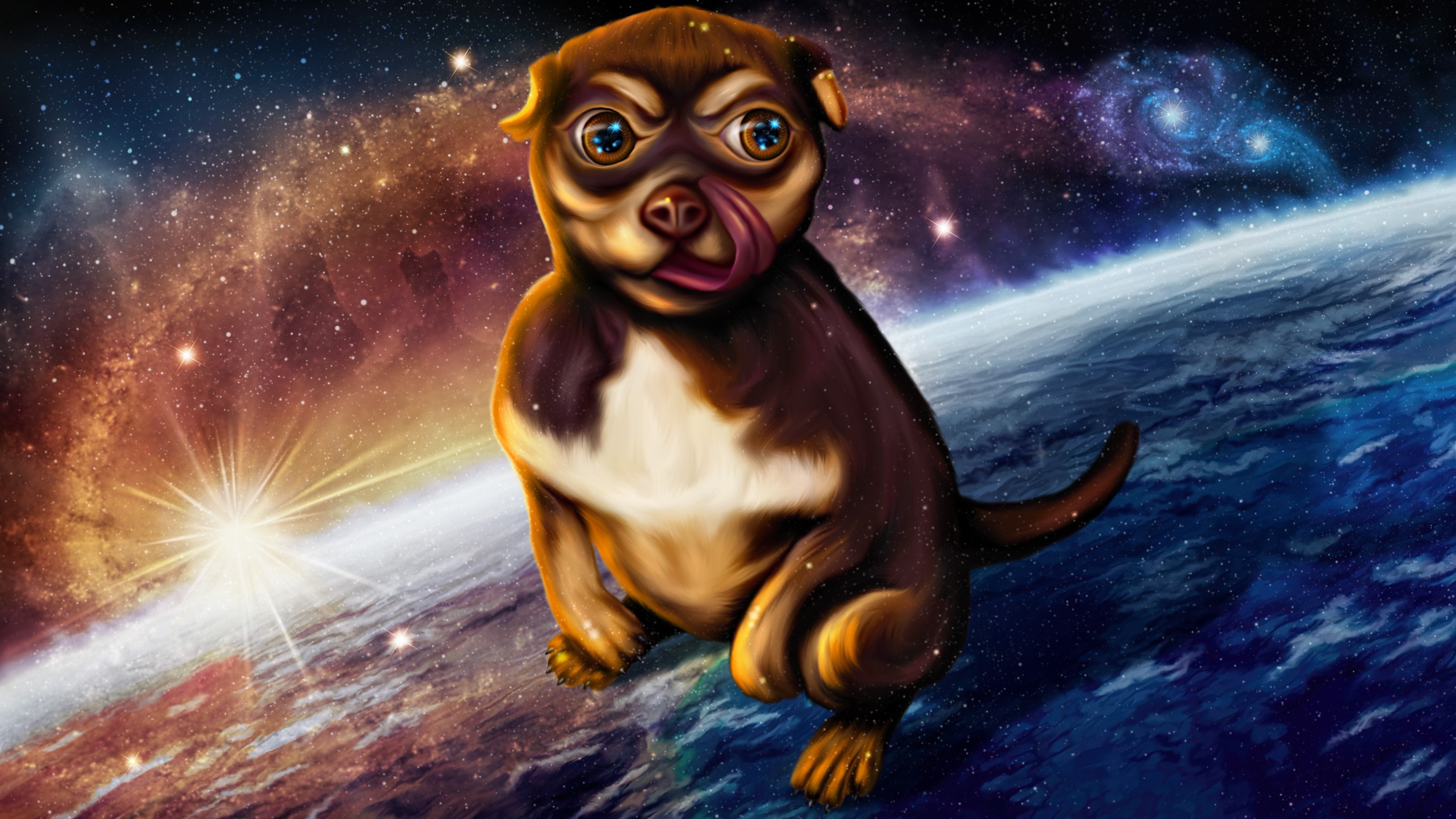 Dog on a planet's surface with nebulae HD Wallpaper