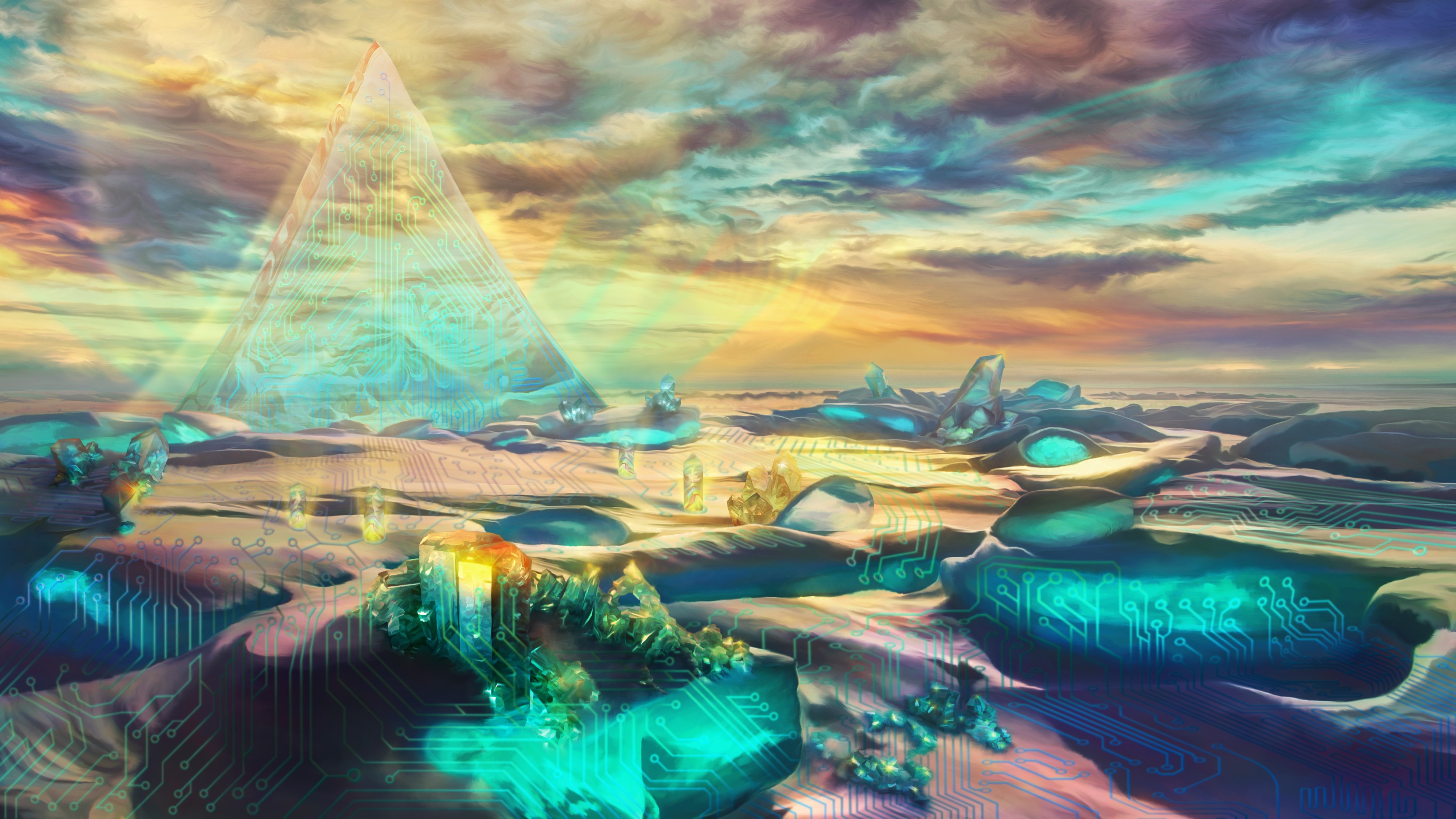 Fantastic world with pyramid and circuit board landscape HD Wallpaper