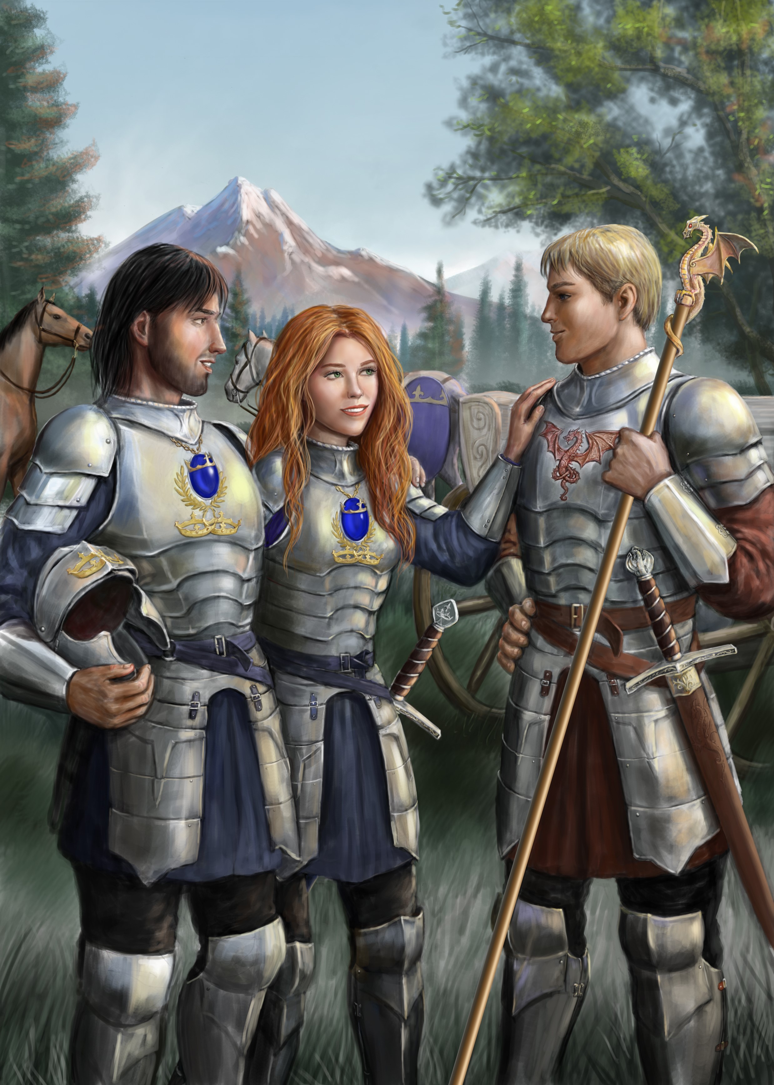 Three knights in armor with swords and a dragon staff HD Phone Wallpaper