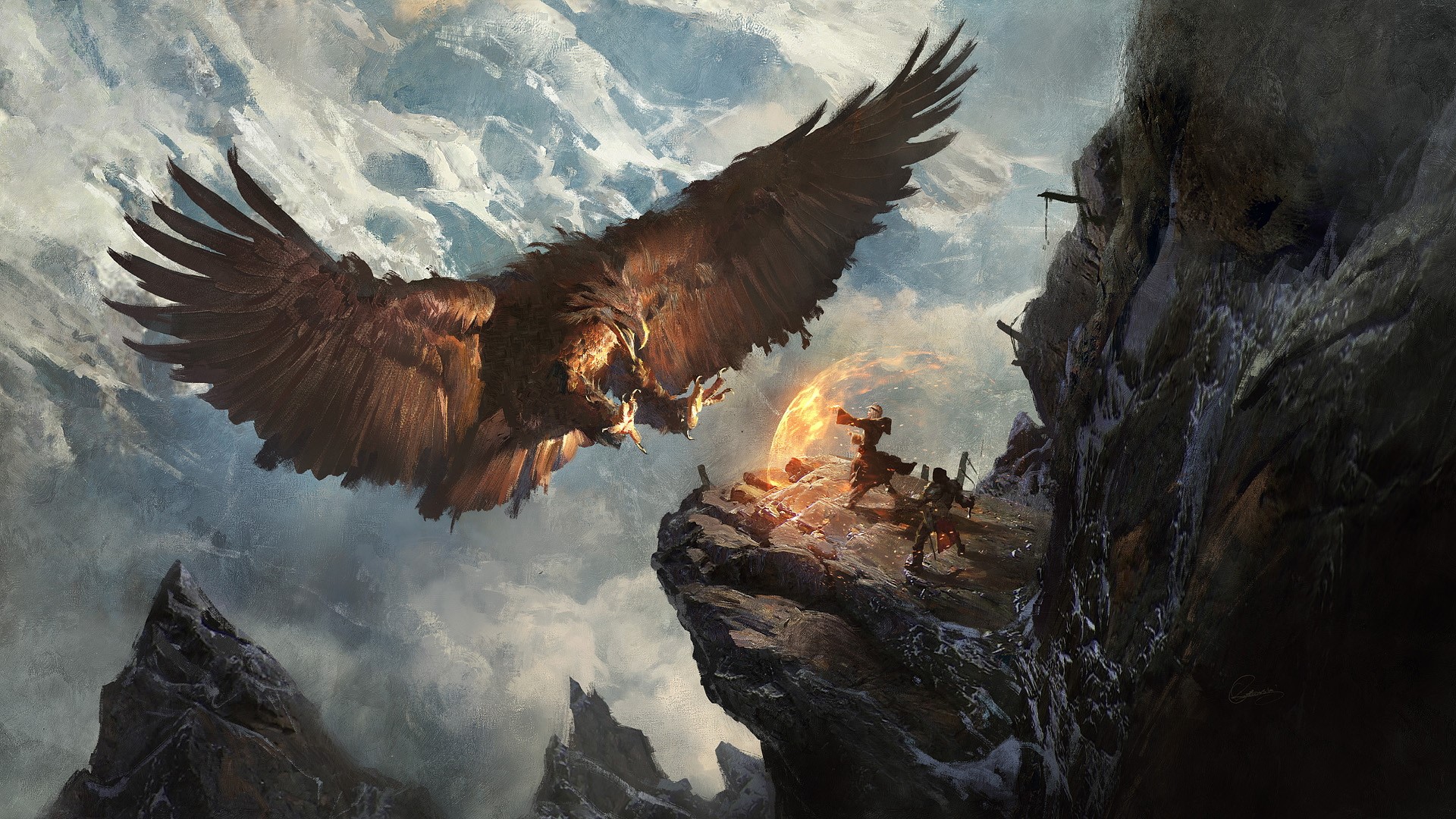 Giant Eagle Attacks Warriors on Mountain Cliff HD Wallpaper