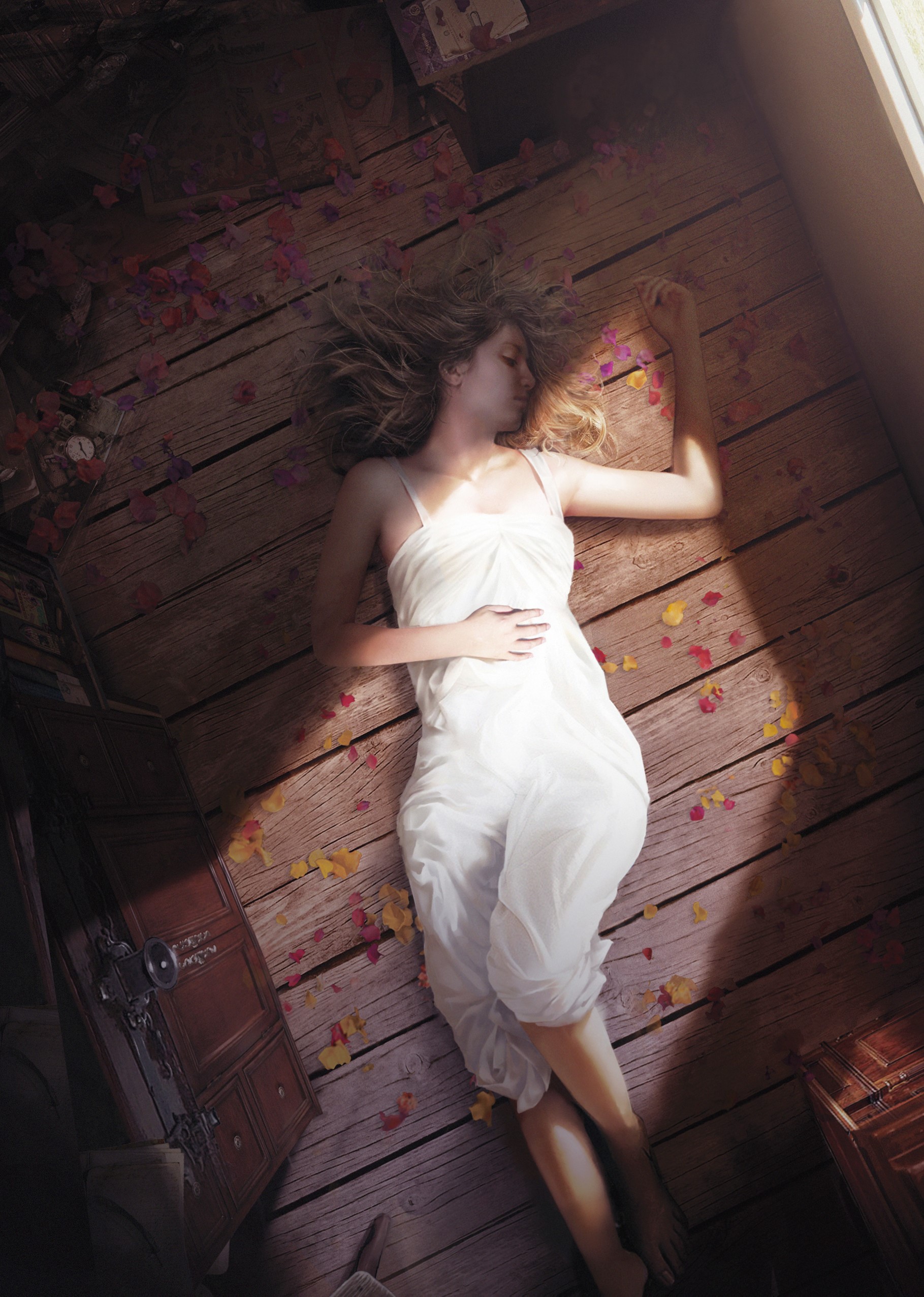 Woman sleeping on wooden floor with flower petals HD Phone Wallpaper