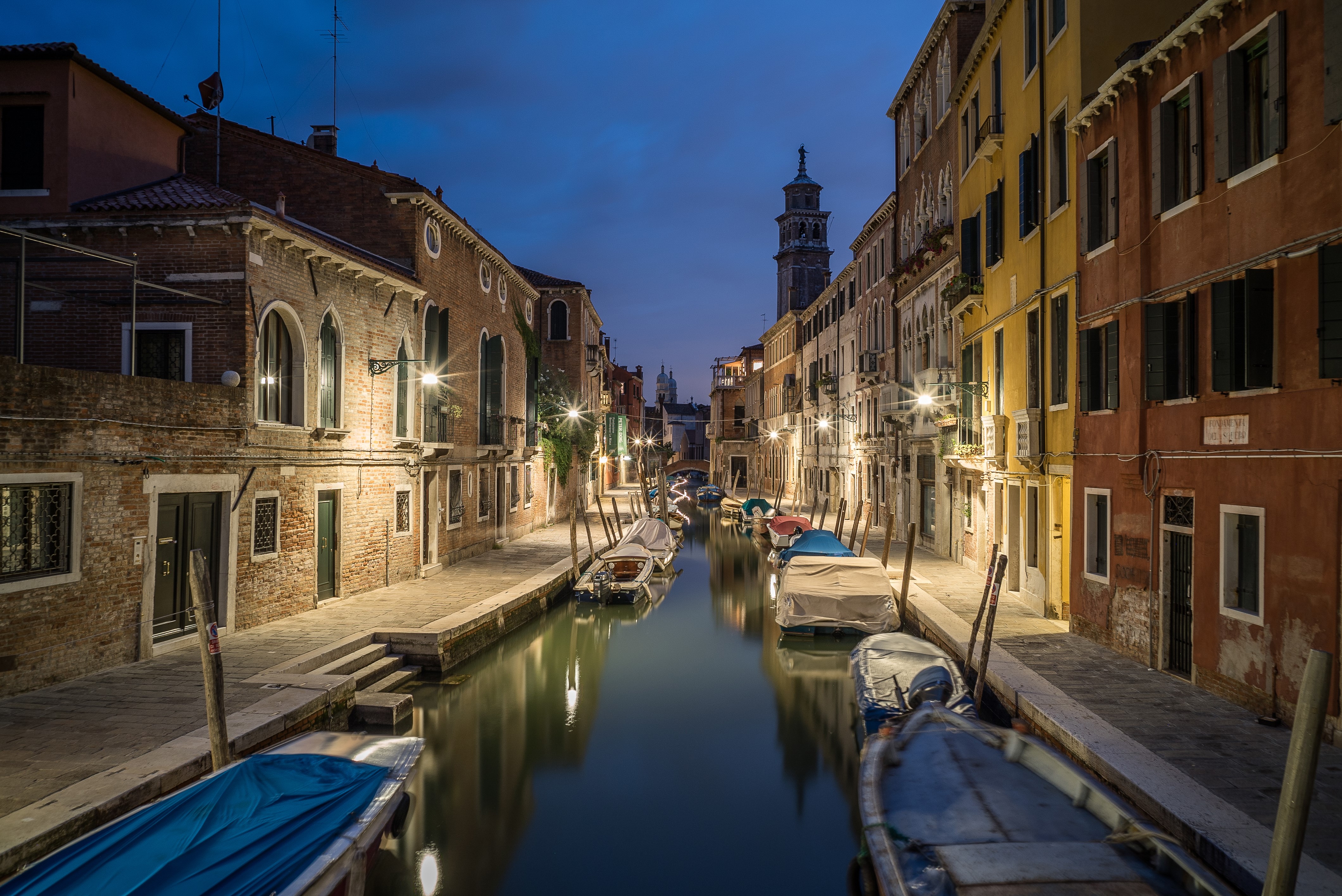 Venice Canal at Night with Boats and Buildings HD Wallpaper